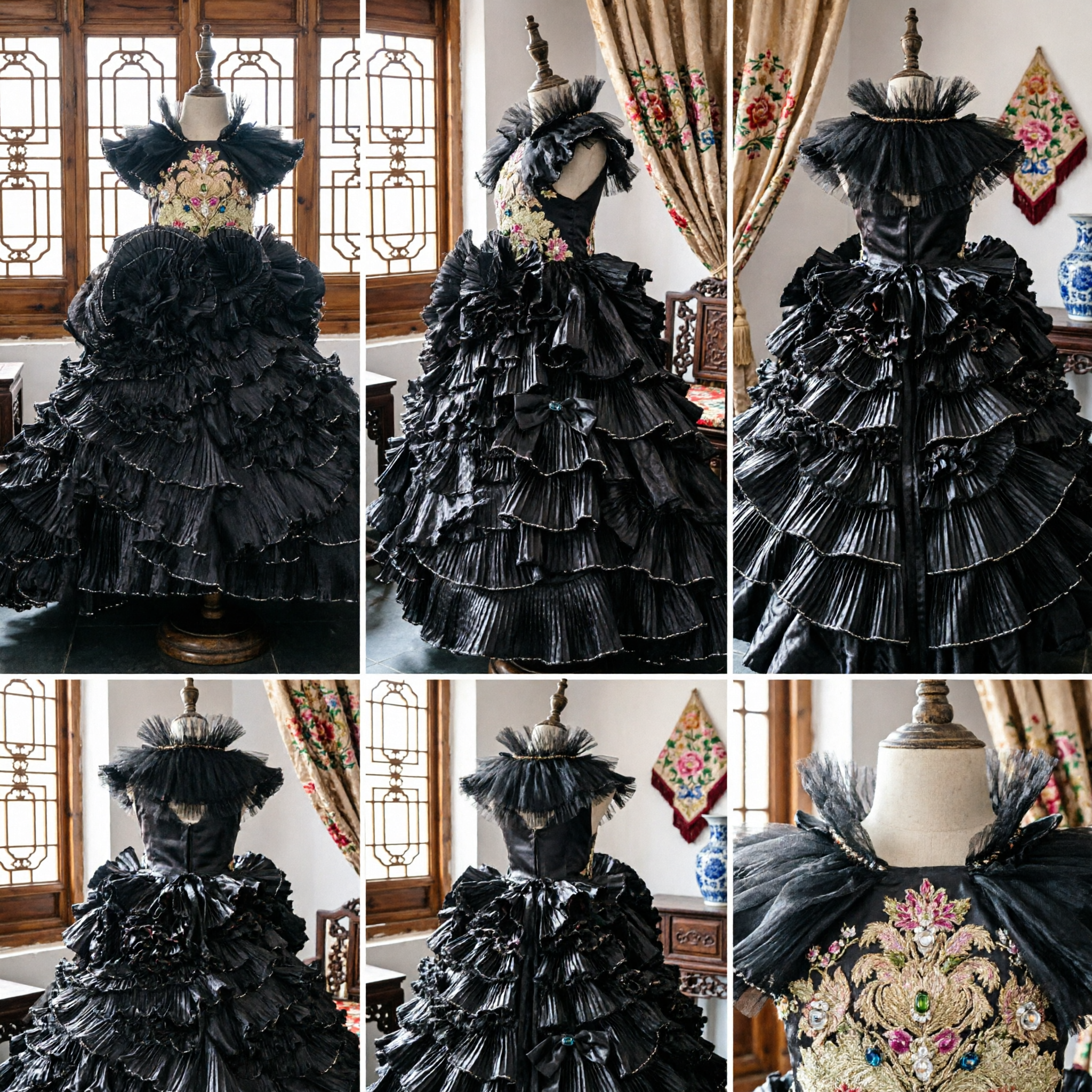 Professional Black Spanish Flamenco Dress for Women with Multi-Layered Ruffles and Embroidered Bodice Stage Costume