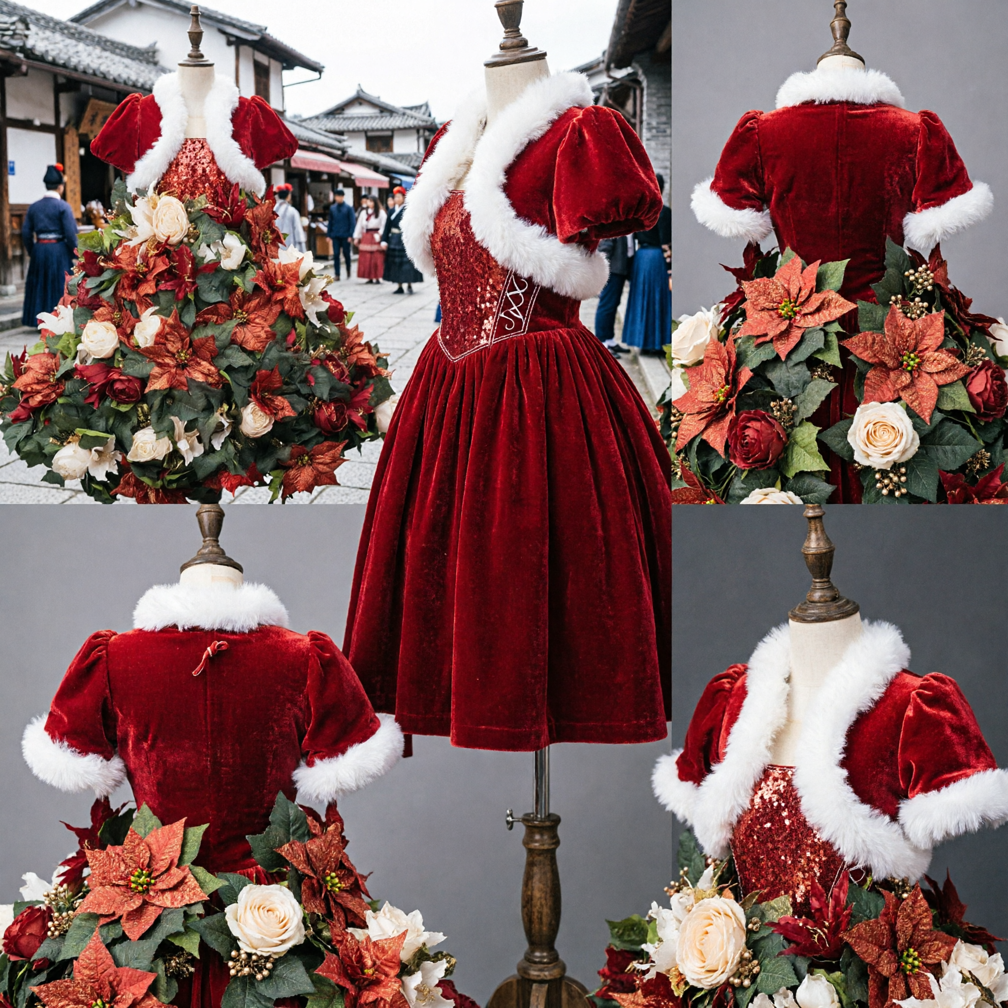Elegant Red Velvet Cape Floral Christmas Tree Dress Form with Poinsettias and Roses for Holiday Decor