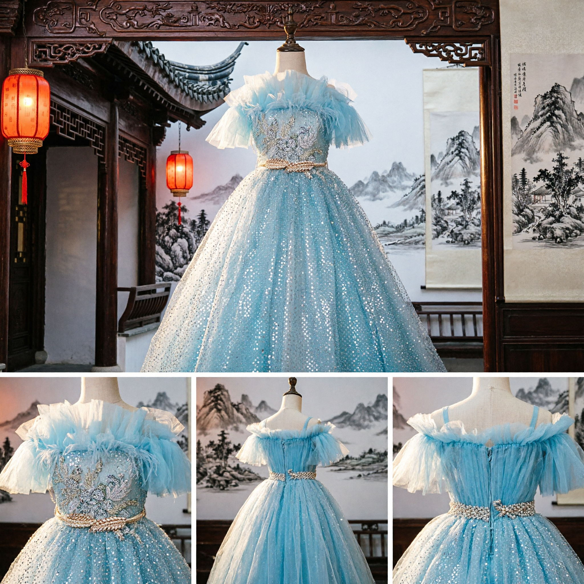 Elegant Light Blue Sequin Ball Gown Off-Shoulder Tulle Dress for Girls Wedding Party Pageant Performance Costume
