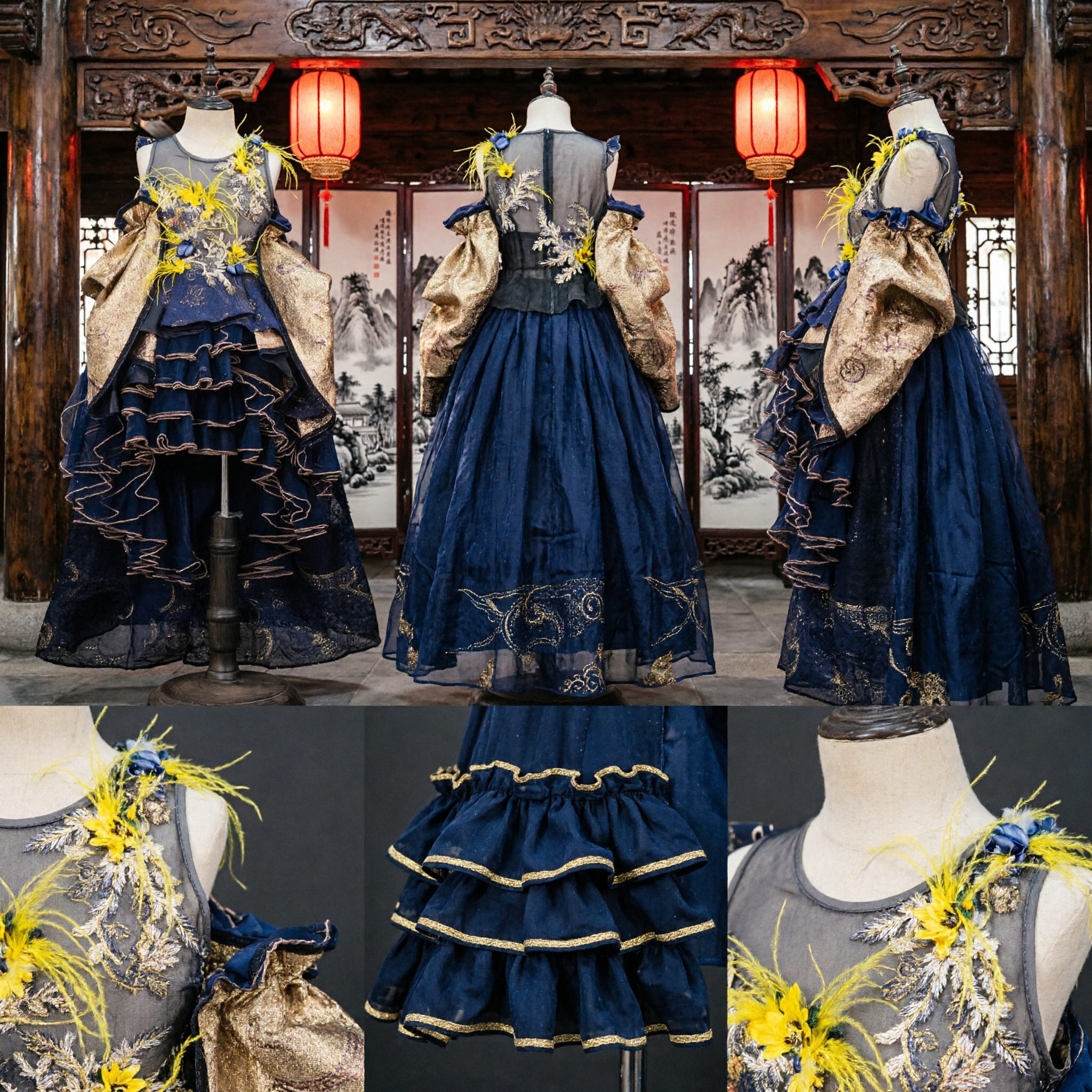 Navy Blue Tiered Gown with Gold Brocade Sleeves and Floral Embroidery for Stage Performance and Formal Events
