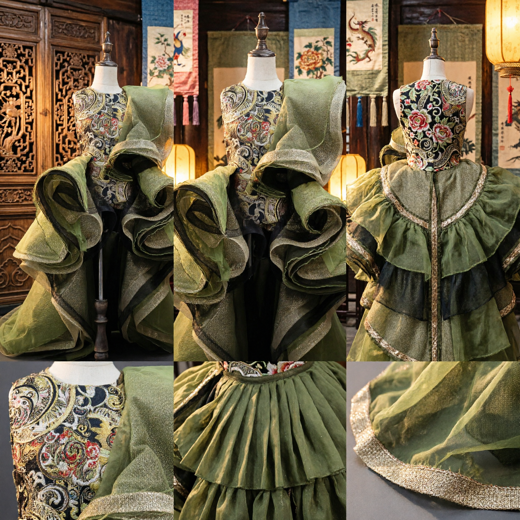 Elegant Olive Green Victorian Style Ruffled Skirt with Gold Paisley Bodice for Women's Stage Performance