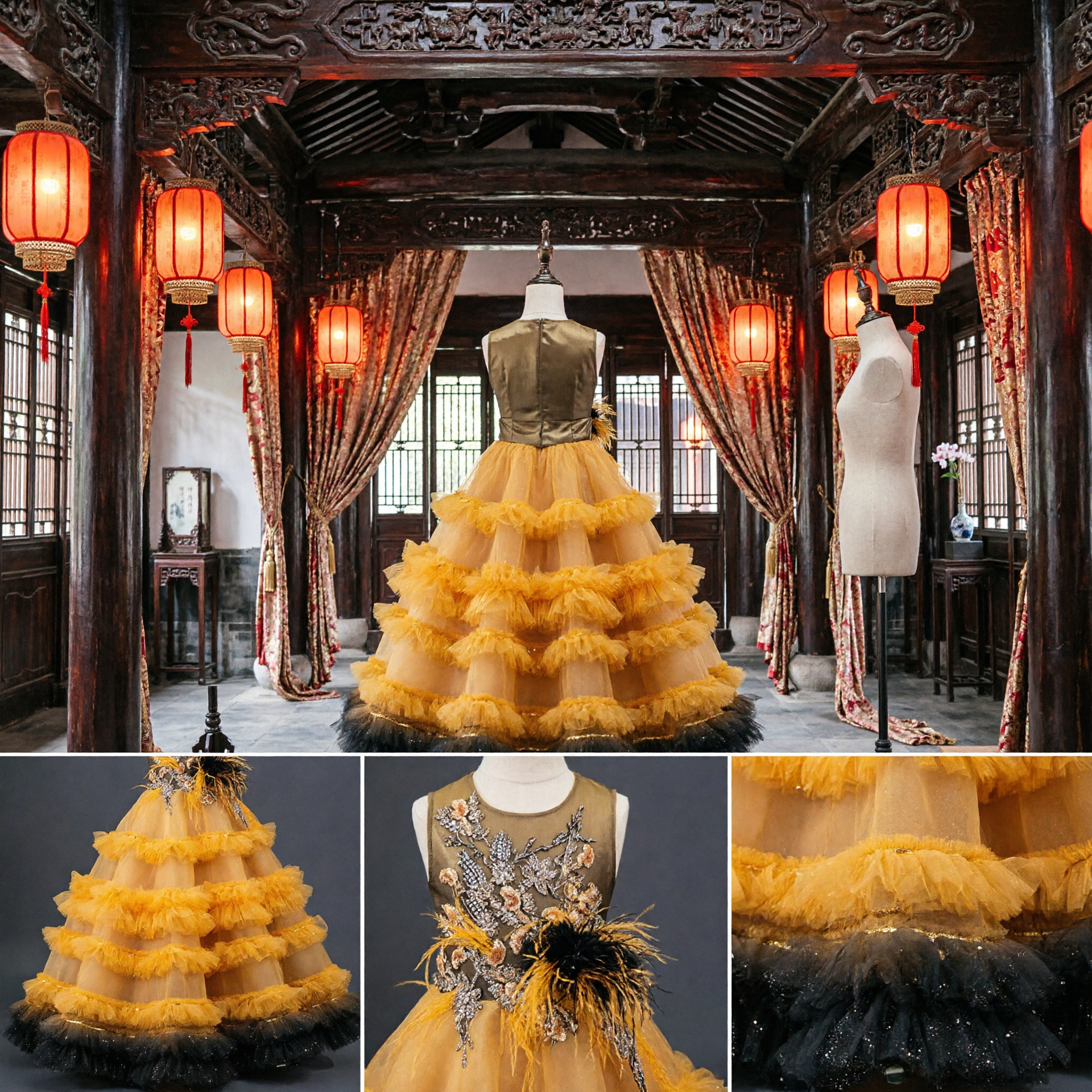 Kids Girls Gold Sequin Latin Dance Dress with Black Tulle Ruffles Stage Performance Competition Gown