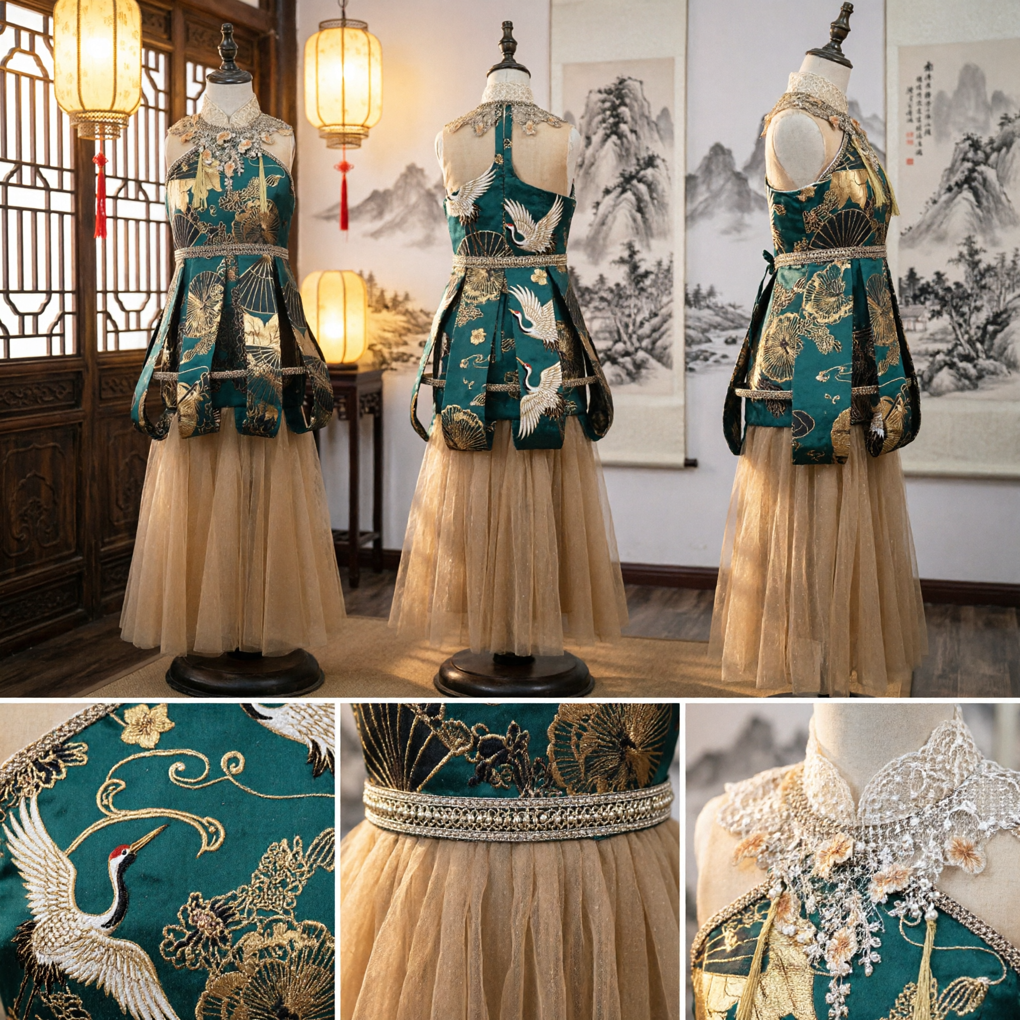 Traditional Chinese Stage Performance Costume Women Teal Green Embroidered Folk Dance Dress with Gold Fans