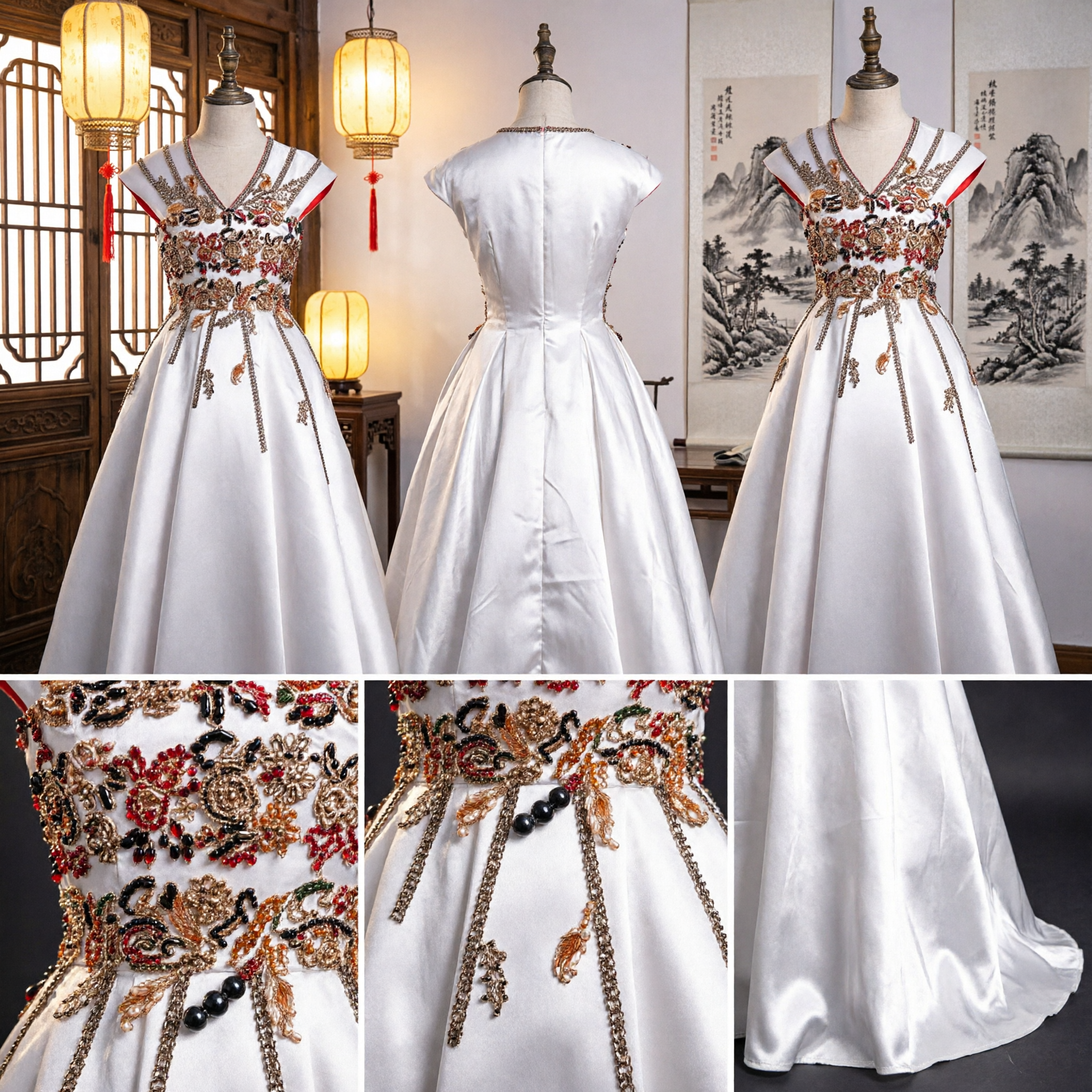 Elegant White Satin Gown with Traditional Chinese Embroidery for Kids Formal Wedding Flower Girl Dress