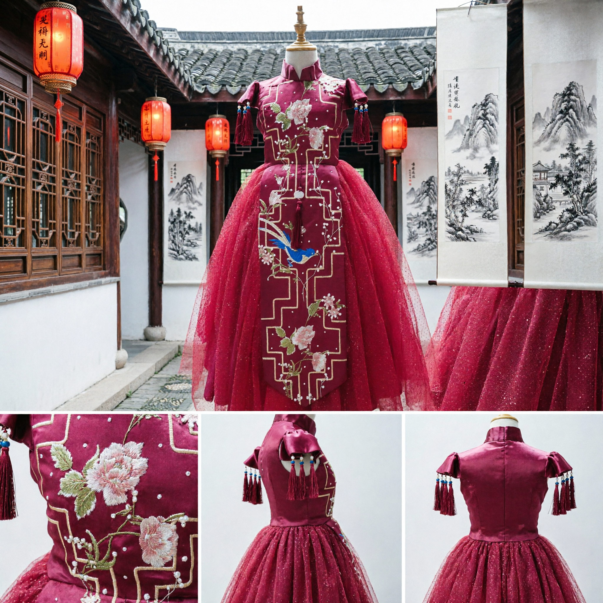 Traditional Chinese Wedding Dress Red Xiu He Fu Embroidered Peony Magpie Ballgown Bridal Gown