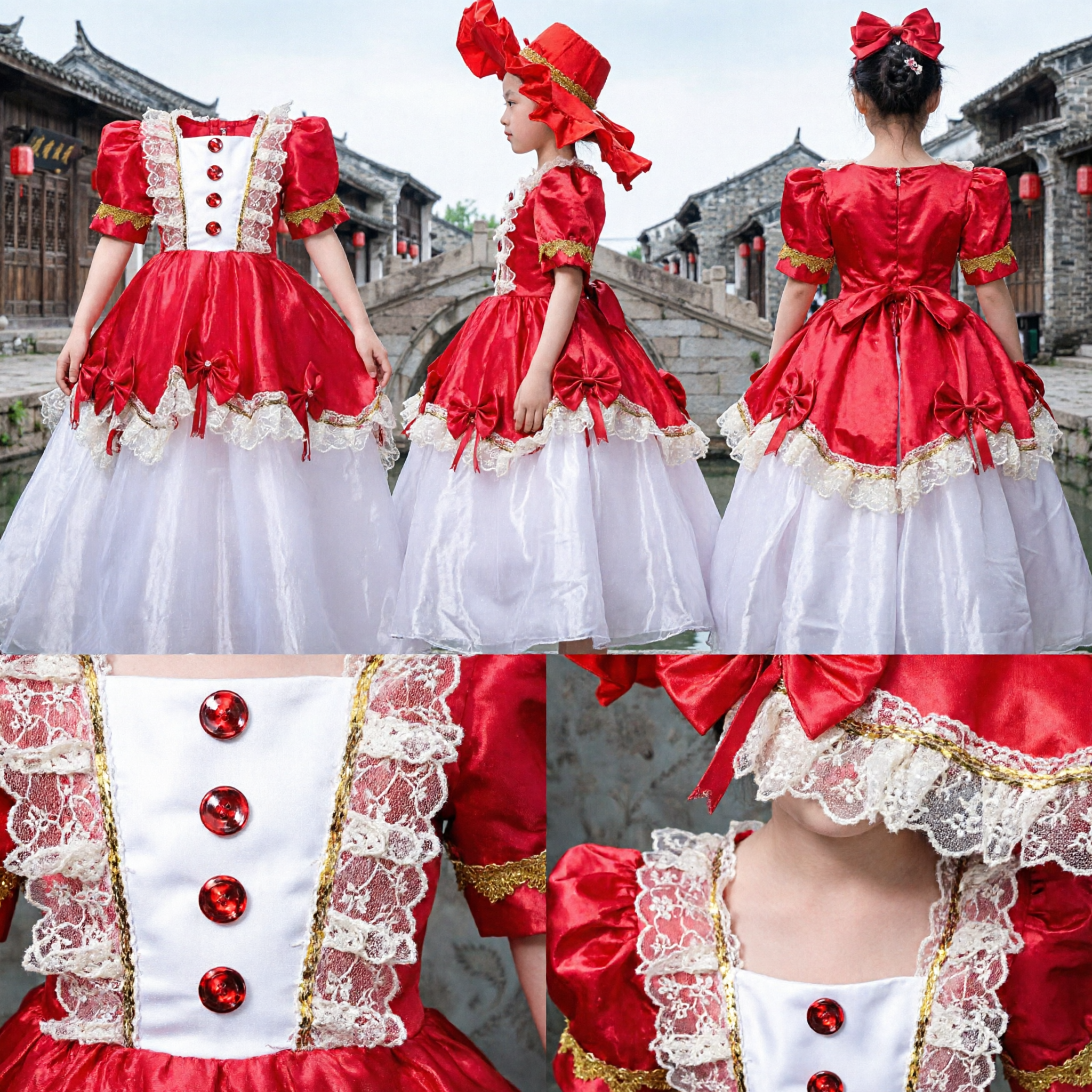 Girls Spanish Flamenco Dance Costume Red and White Ruffled Dress with Hat for Kids Stage Performance