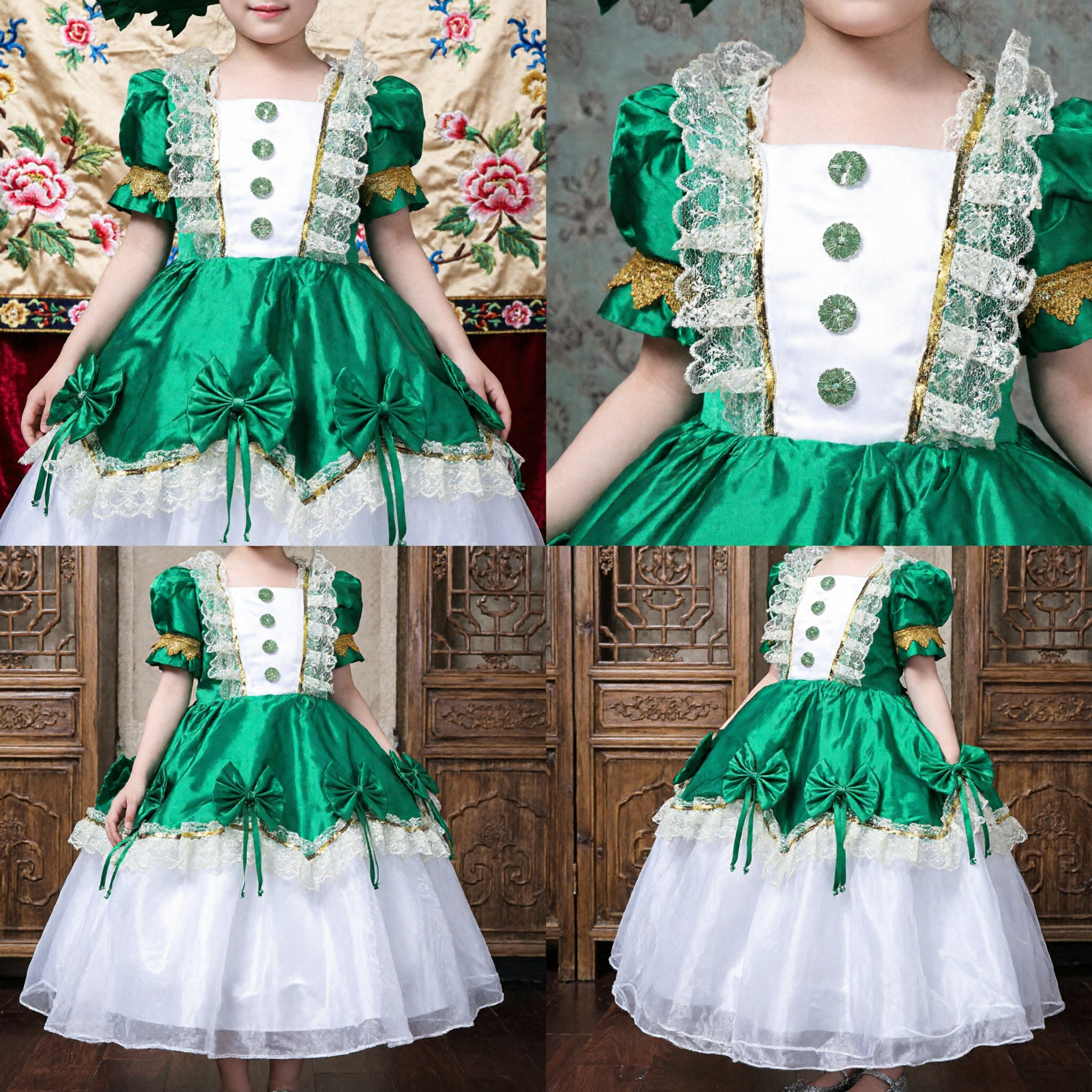 Kids Girls Green Baroque Princess Costume Dress with Hat for Stage Performance Halloween Cosplay