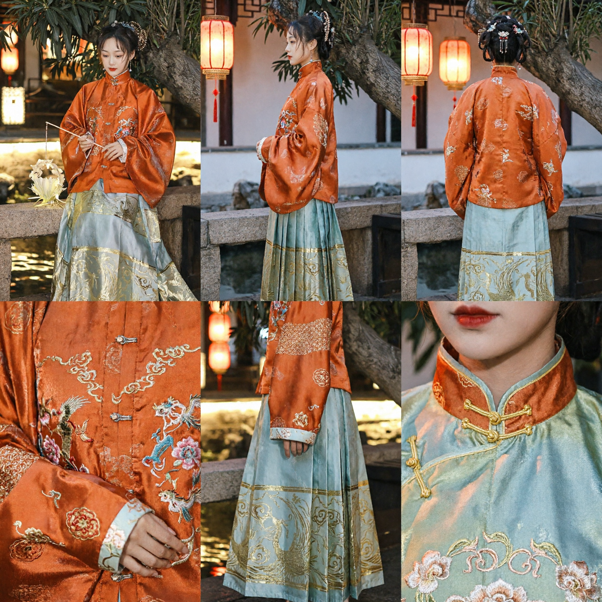 Elegant Ming Dynasty Hanfu Orange Embroidered Jacket and Blue Gold Pattern Skirt Traditional Chinese Clothing