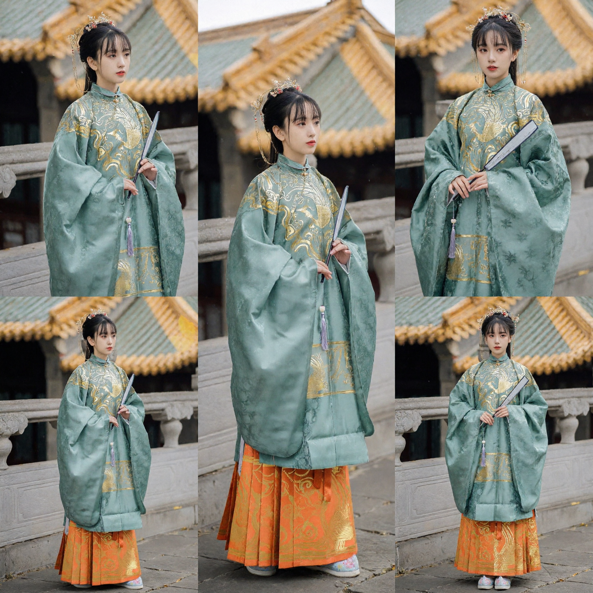 Ancient Chinese Ming Dynasty Hanfu Costume Green Embroidered Outer Robe and Orange Mamianqun Skirt for Women