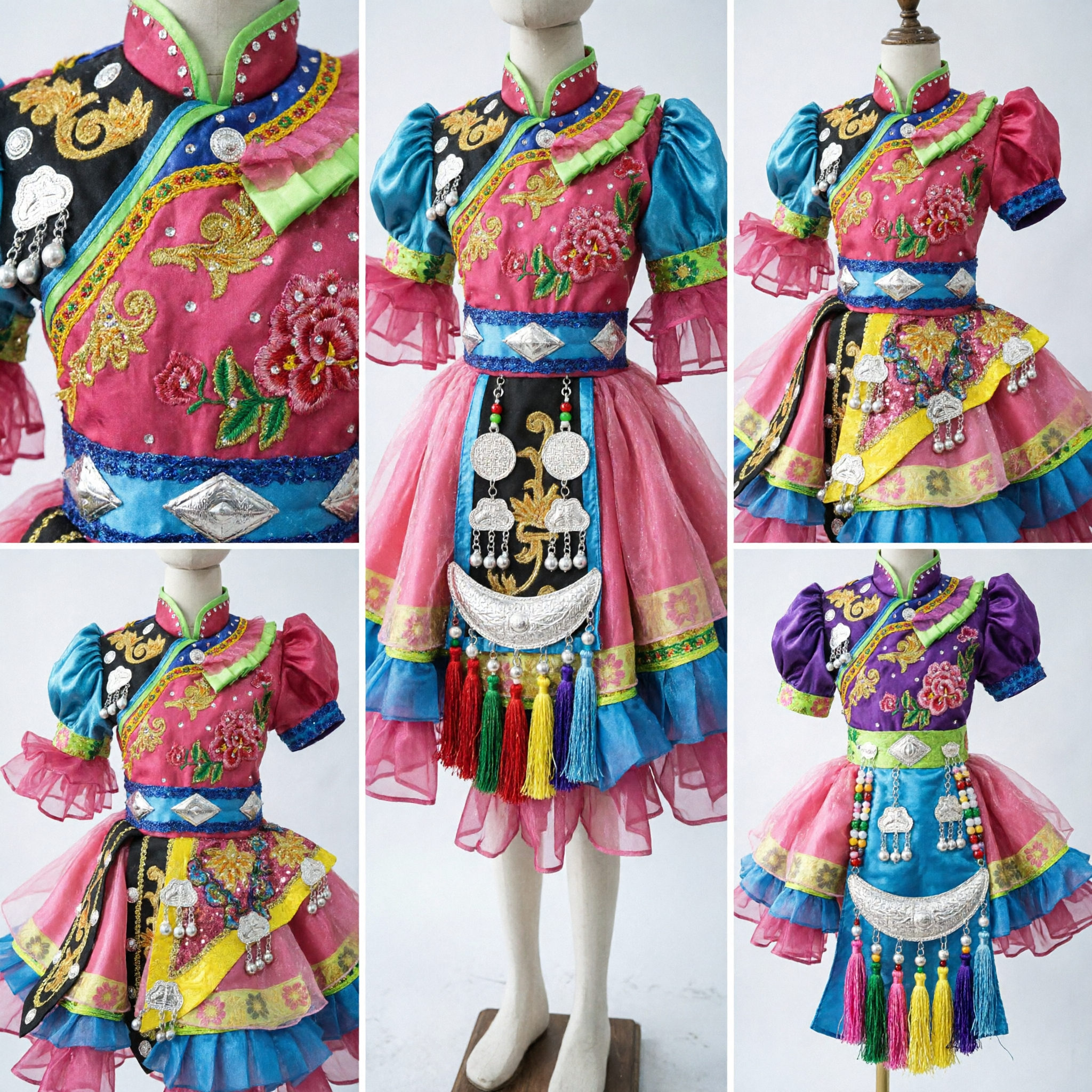 Traditional Chinese Ethnic Dance Costume for Girls Colorful Embroidered Folk Stage Performance Dress