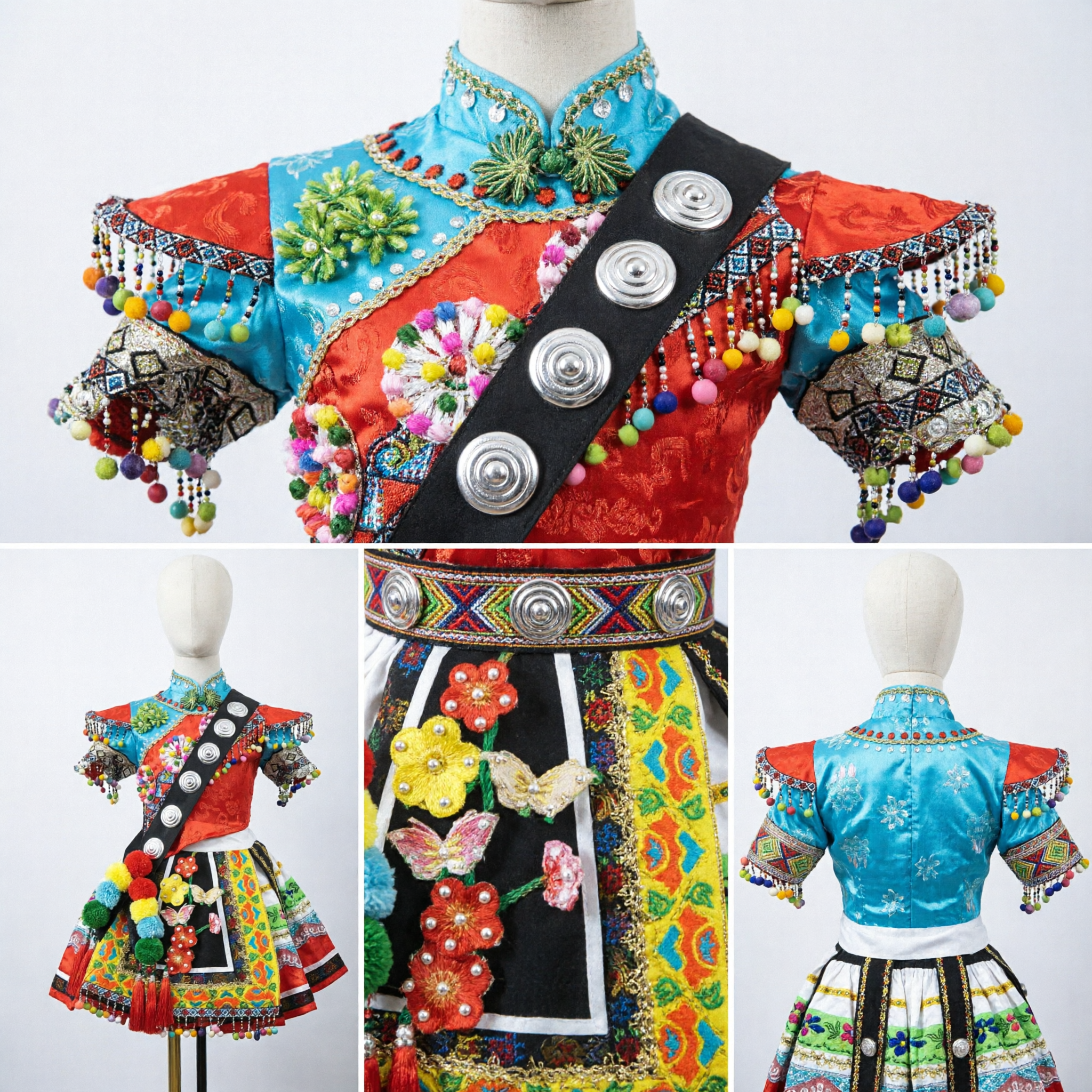 Traditional Chinese Miao Ethnic Minority Costume for Girls Kids Folk Dance Performance Dress with Silver Ornaments