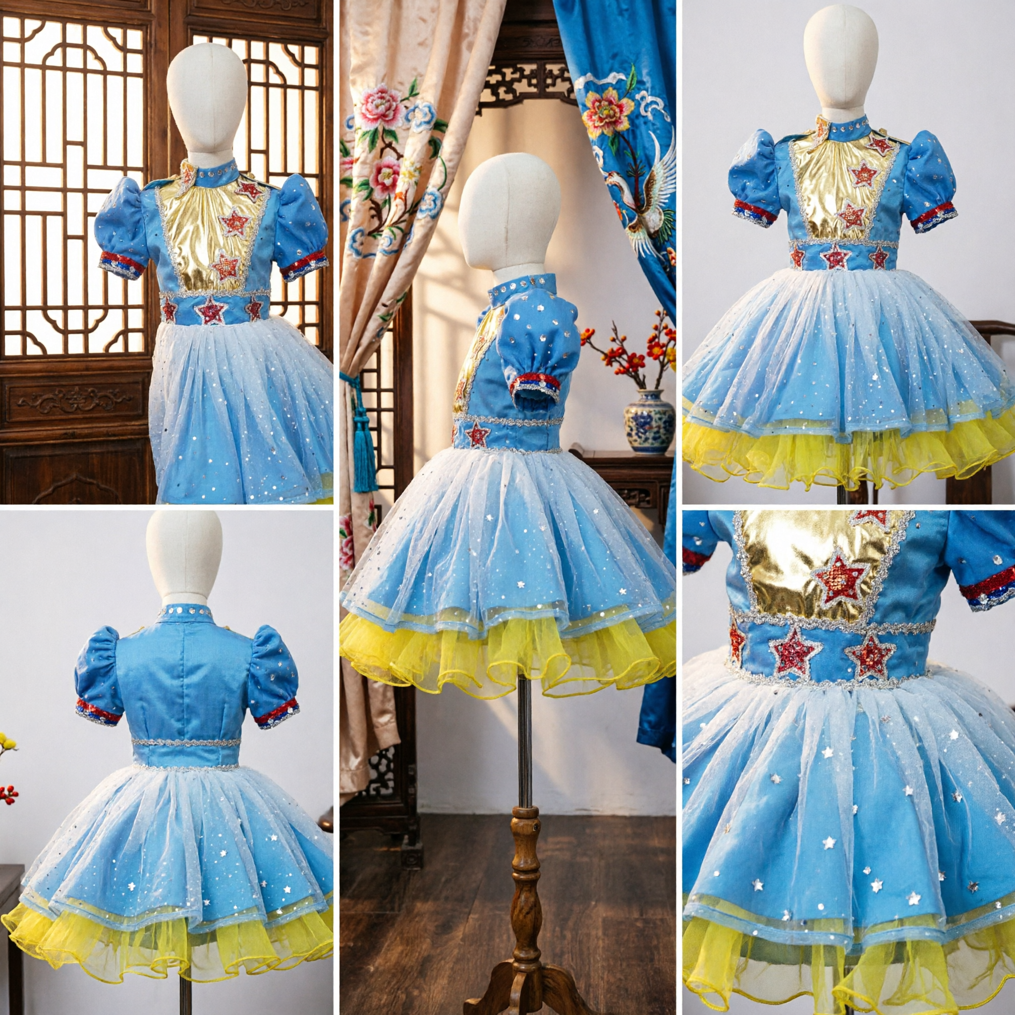 Blue and Gold Children's Folk Dance Costume with Sequin Stars and Layered Tulle Skirt for Stage Performance