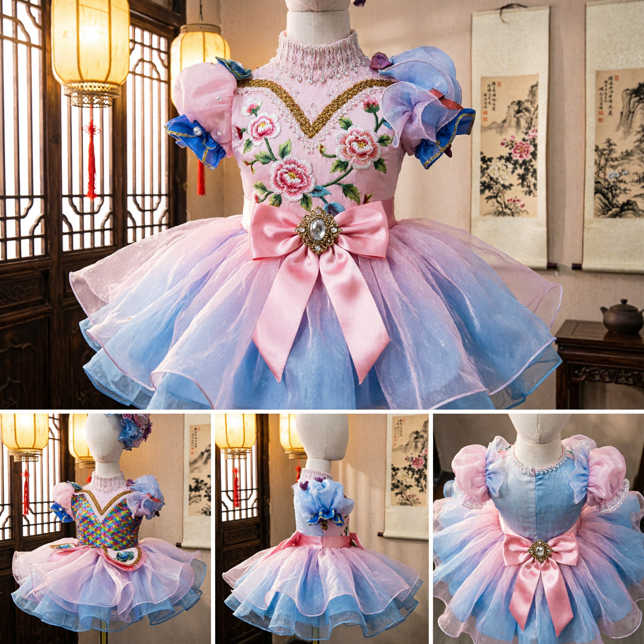 Girls Rainbow Sequin Ballet Tutu Dress with Puff Sleeves and Headpiece for Dance Performance