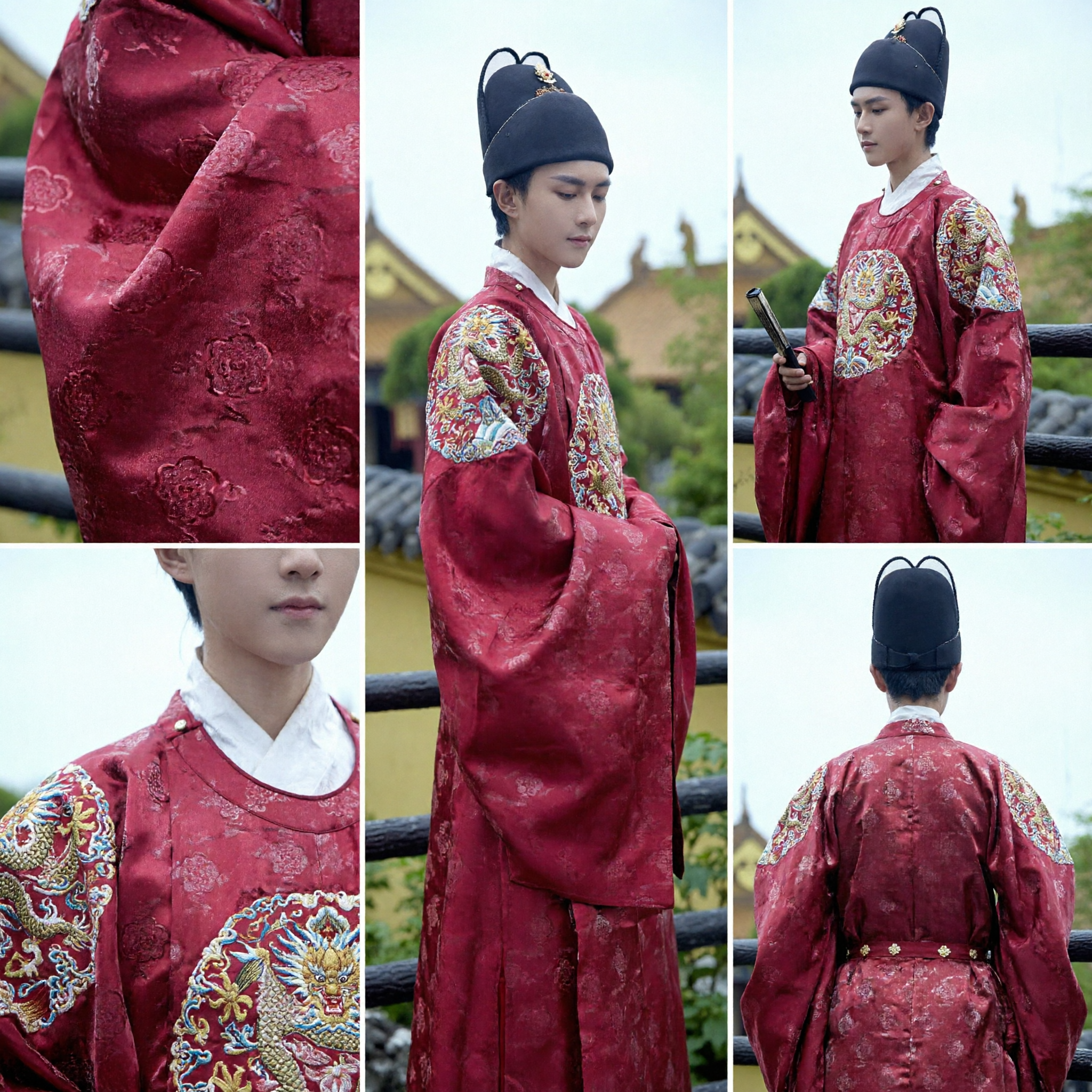Traditional Chinese Ming Dynasty Official Robe Red Dragon Embroidery Hanfu Costume for Men with Hat