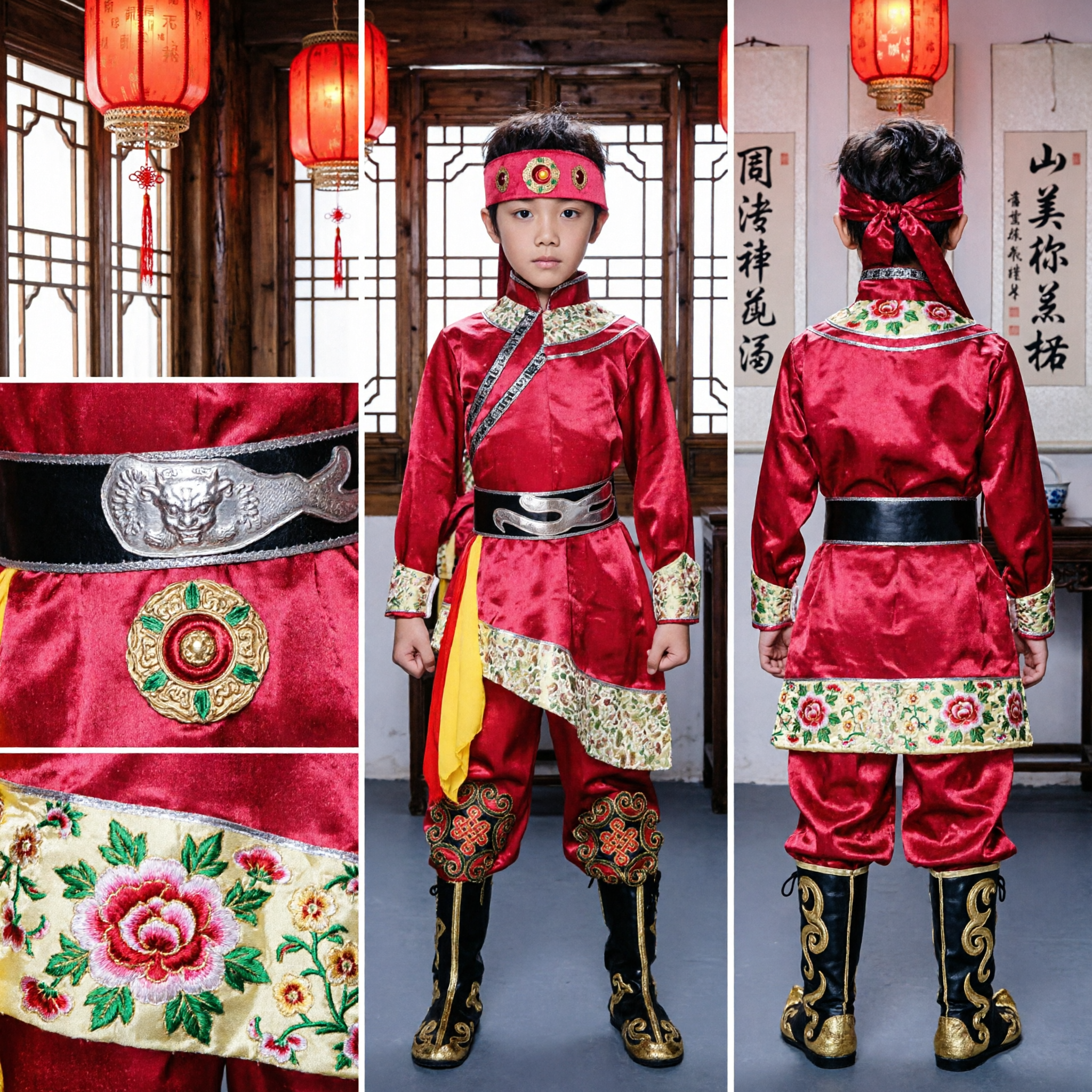 Boys Chinese Mongolian Ethnic Dance Costume Traditional Red Folk Performance Outfit for Kids Stage Show