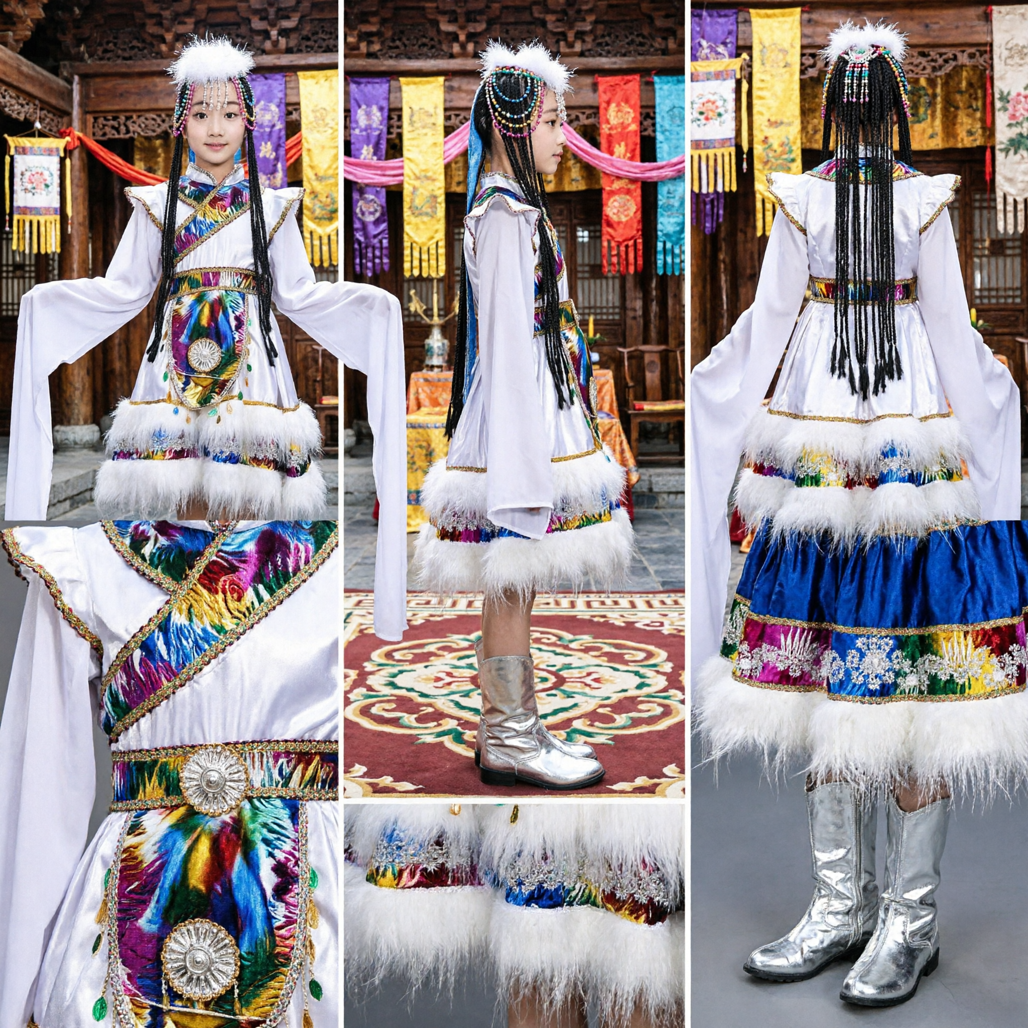 Girls Tibetan Folk Dance Costume Kids Traditional Chinese Ethnic Stage Performance Dress with Fur Trim