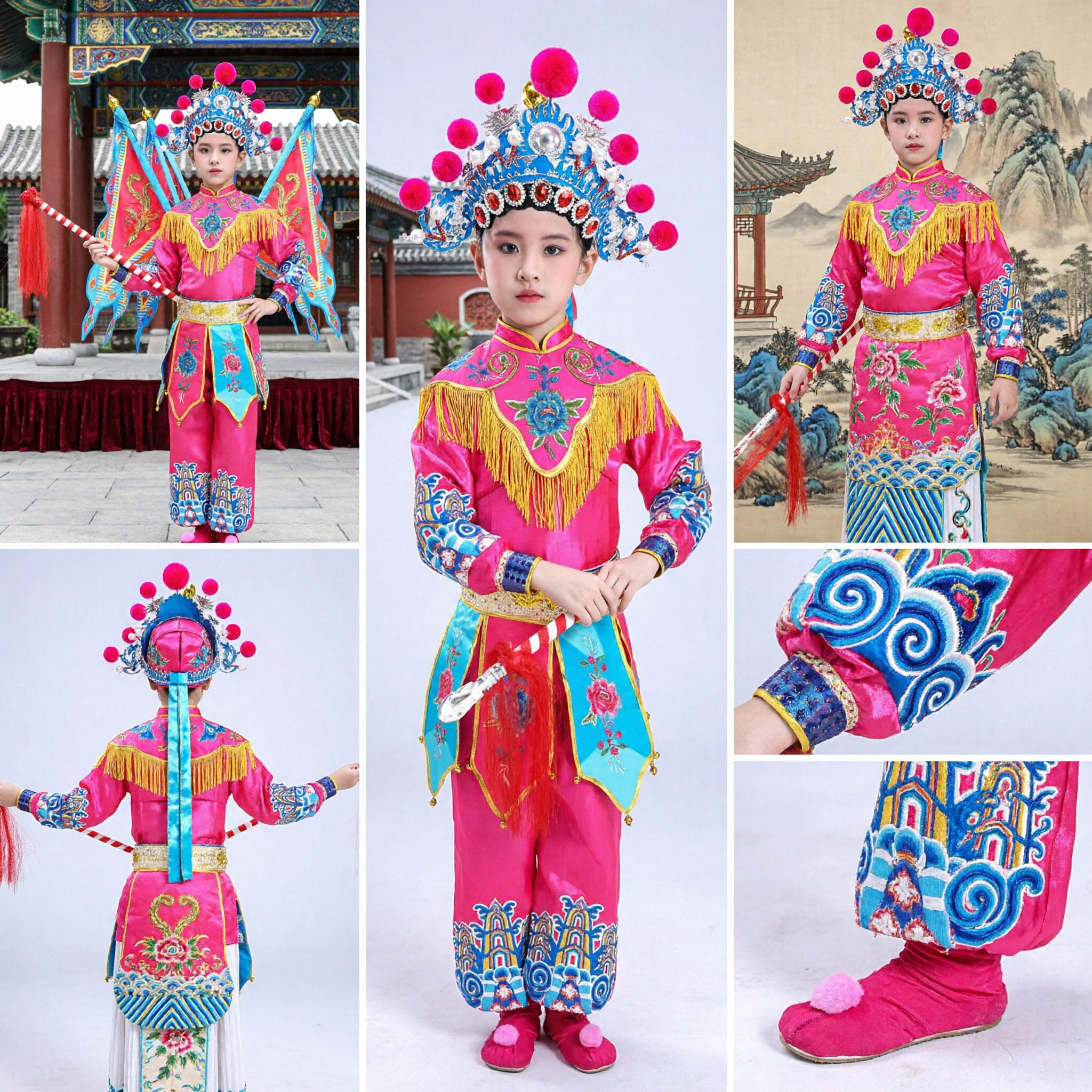 Traditional Chinese Peking Opera Costume for Kids Pink Wudan General Stage Performance Outfit with Flags and Headdress
