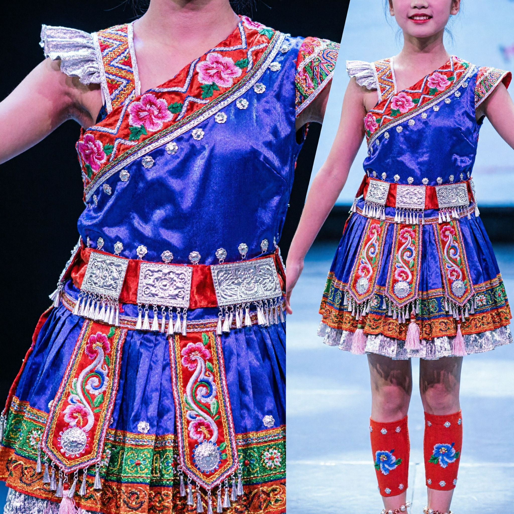 Kids Chinese Miao Ethnic Dance Costume Purple Traditional Folk Stage Performance Dress with Silver Headpiece