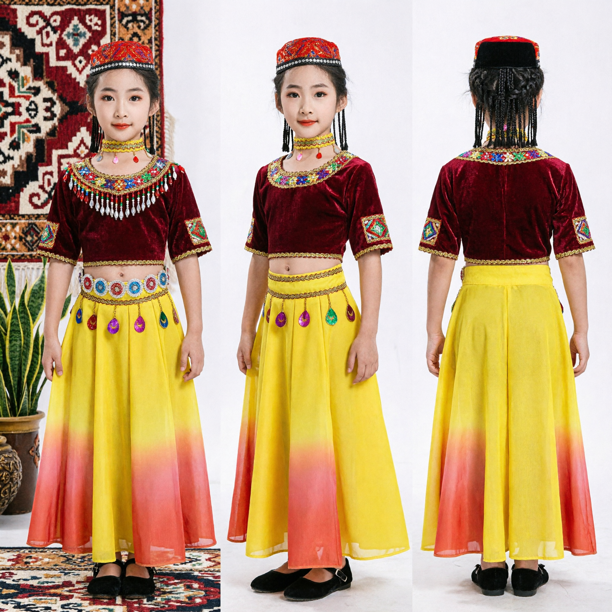 Girls Xinjiang Dance Costume Traditional Uyghur Folk Dress Kids Stage Performance Outfit Yellow Skirt