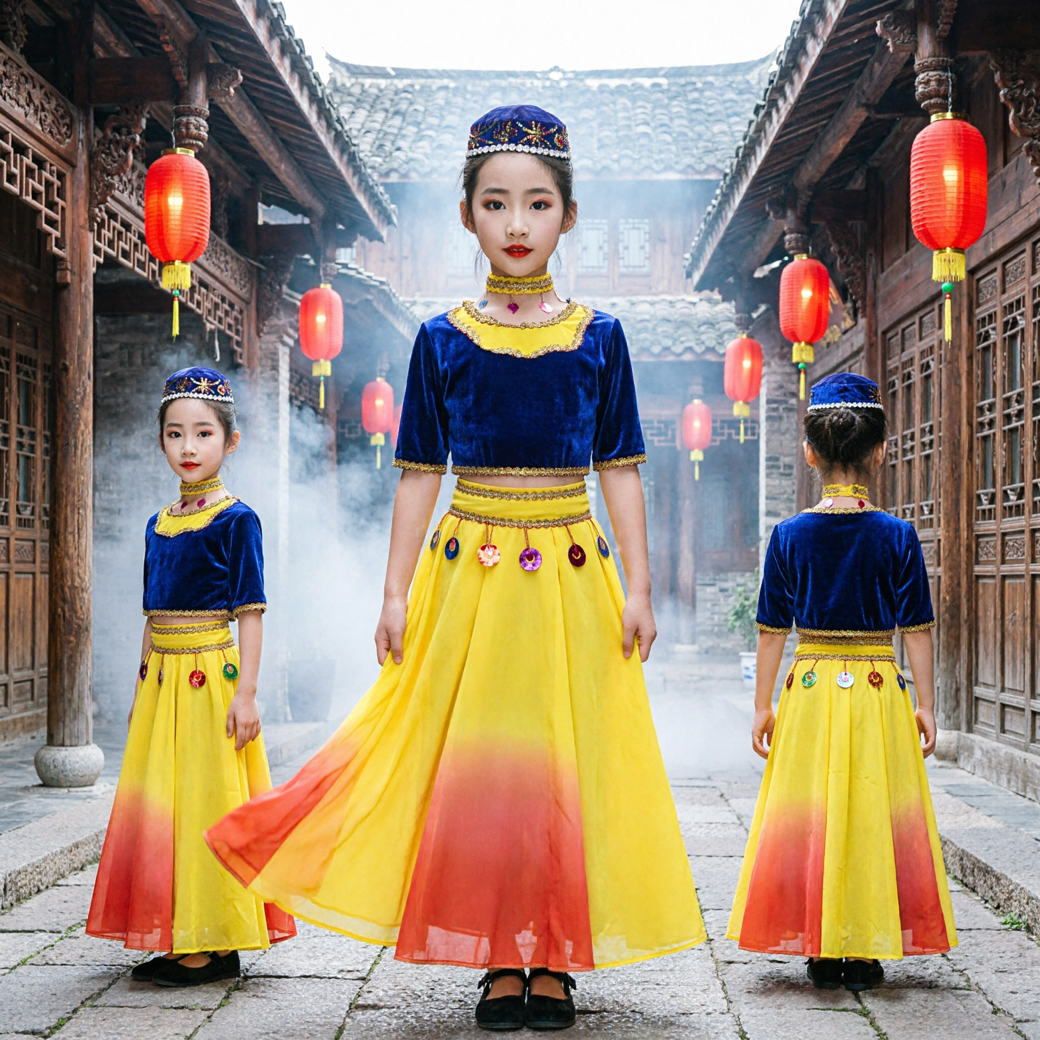 Traditional Uyghur Dance Costume for Girls Children Ethnic Stage Performance Dress Yellow Blue Velvet Skirt