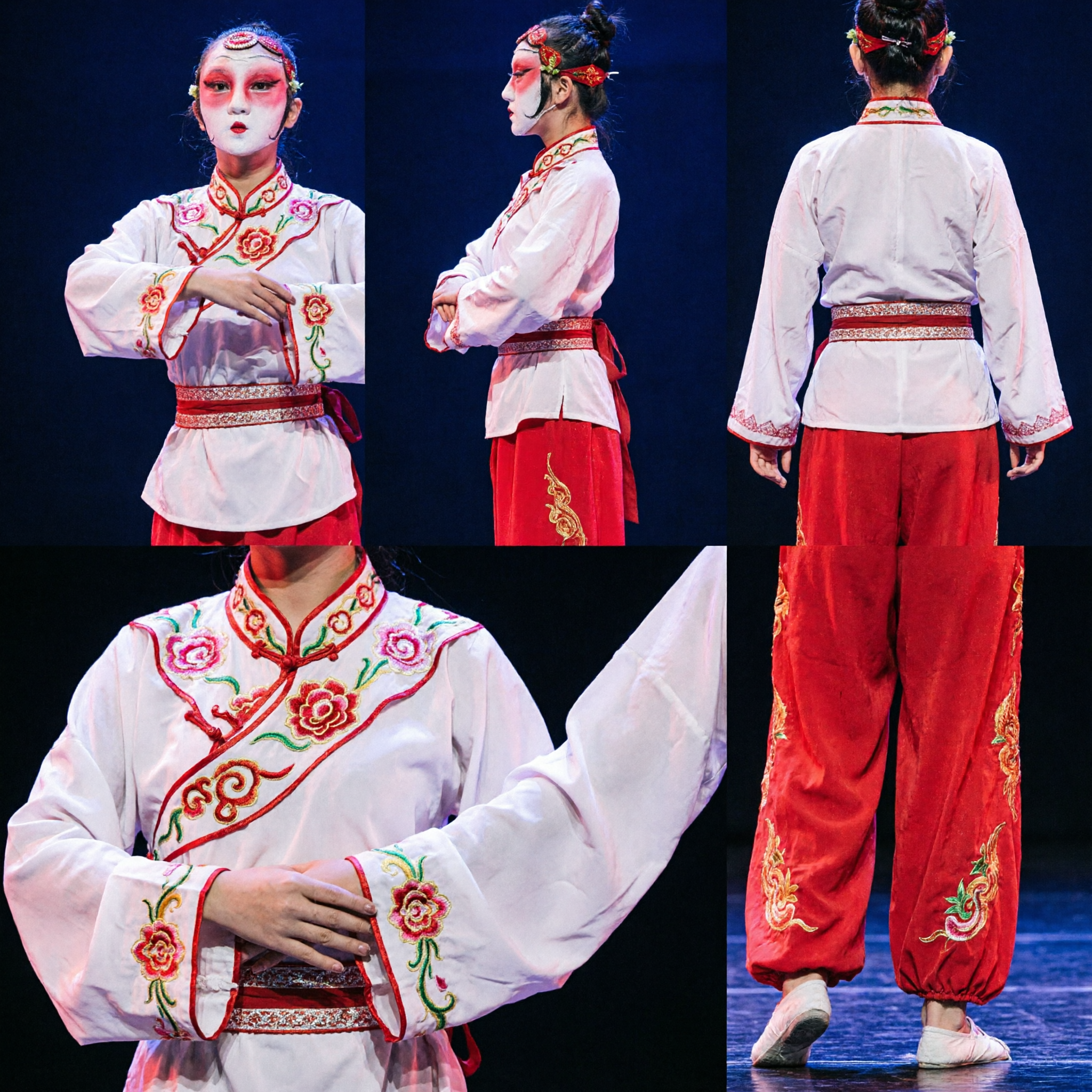 Traditional Chinese Folk Dance Costume Red Pants White Top Stage Performance Outfit for Women Peking Opera Style