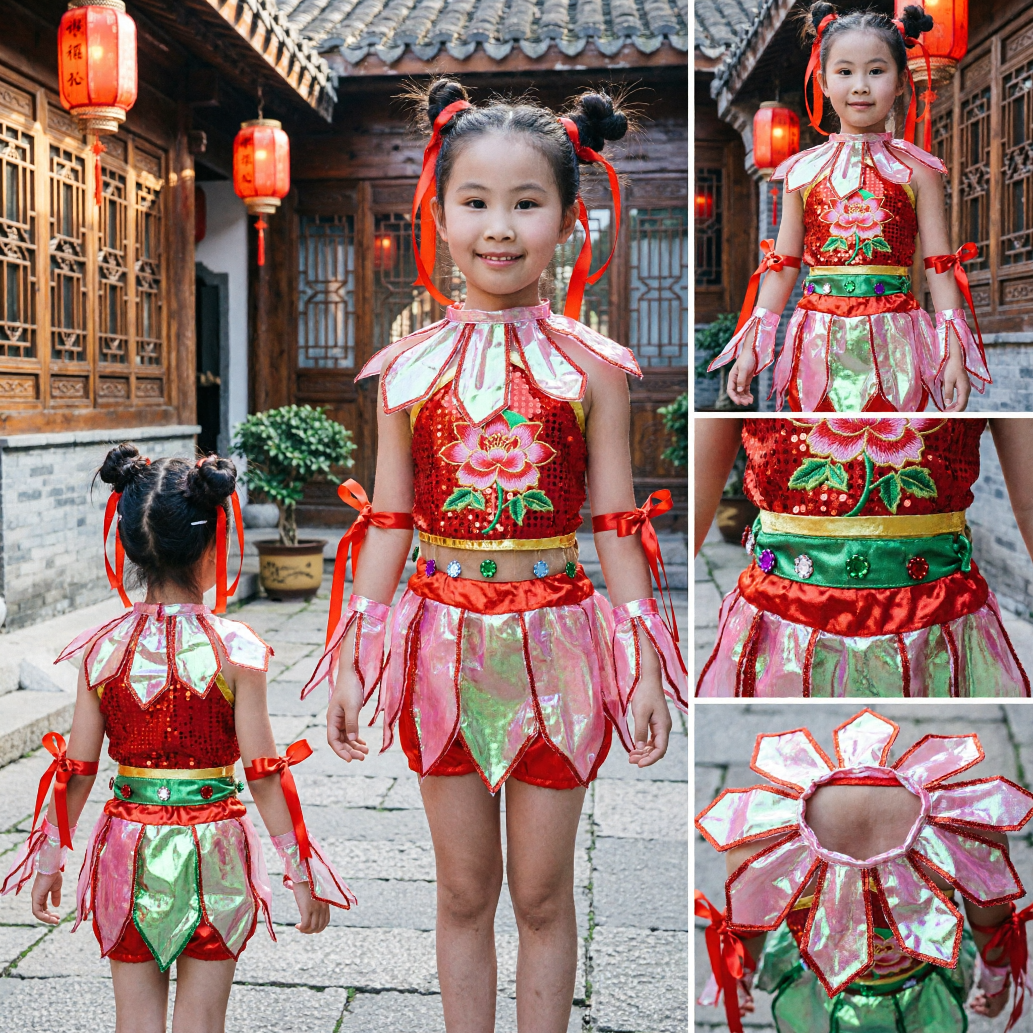 Kids Red Lotus Flower Chinese Folk Dance Costume Girls Stage Performance Dress Traditional Outfit