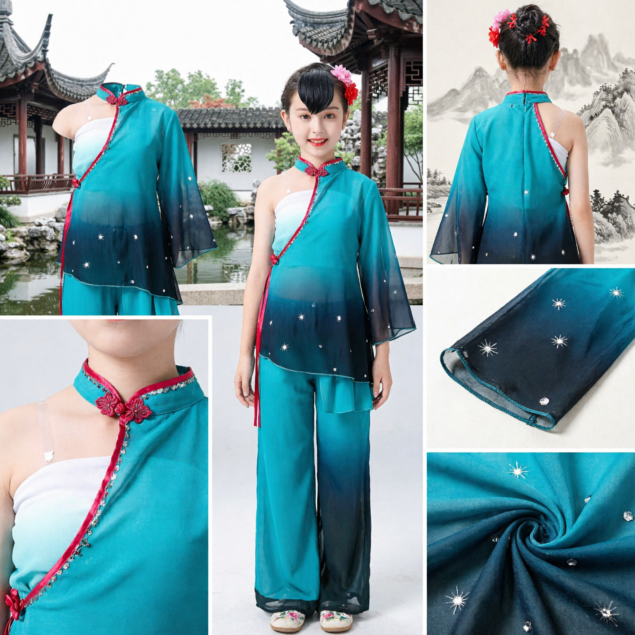 Teal Gradient Chinese Traditional Folk Dance Costume Yangge Fan Dance Dress Women Stage Performance Outfit