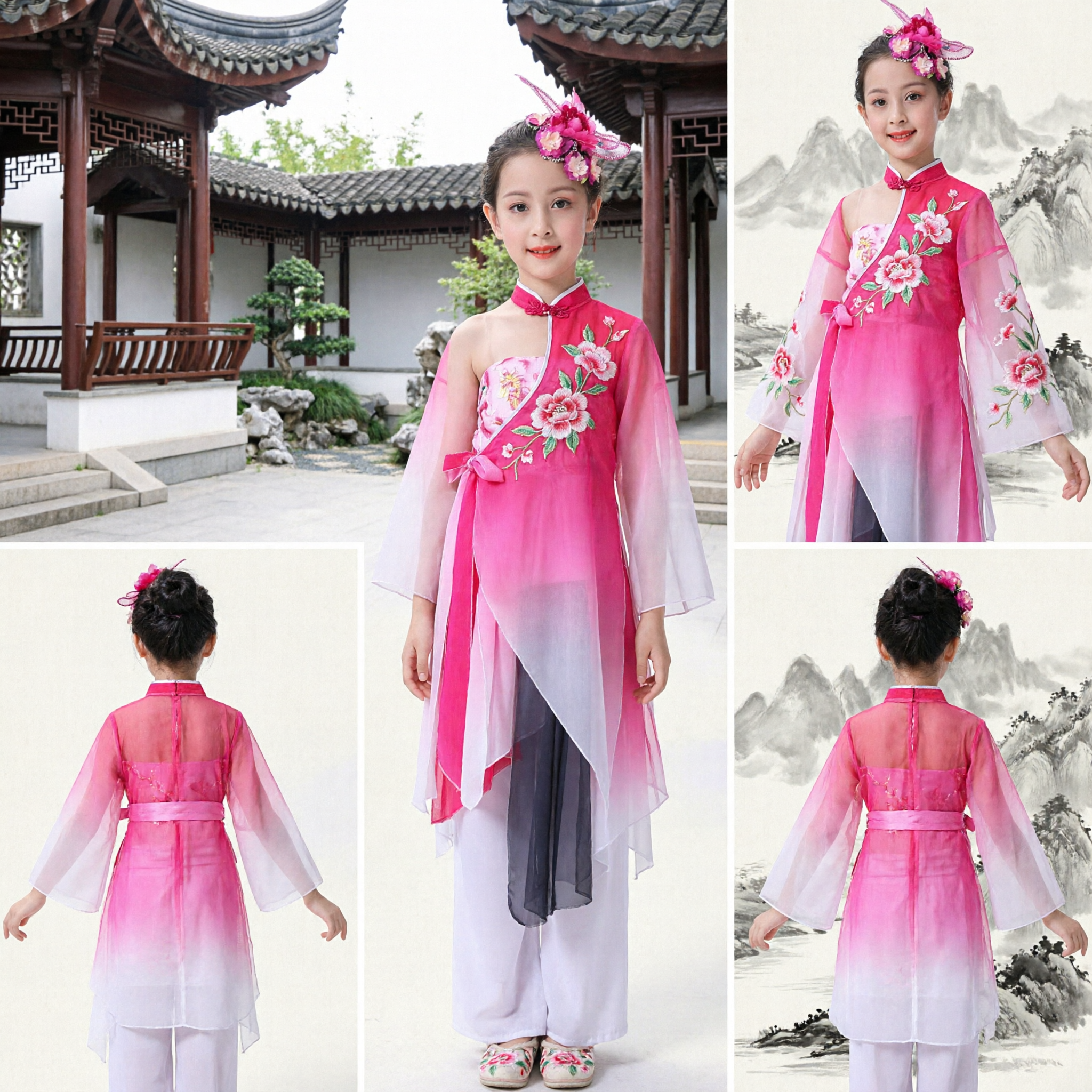 Pink Chinese Traditional Dance Costume for Girls Kids Classical Folk Dance Performance Outfit with Floral Headpiece