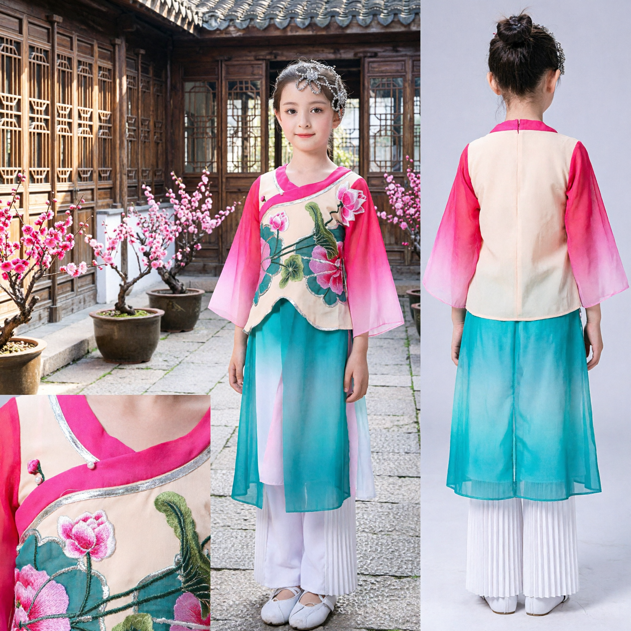 Traditional Chinese Classical Dance Costume for Girls Kids Lotus Print Stage Performance Folk Dress Outfit
