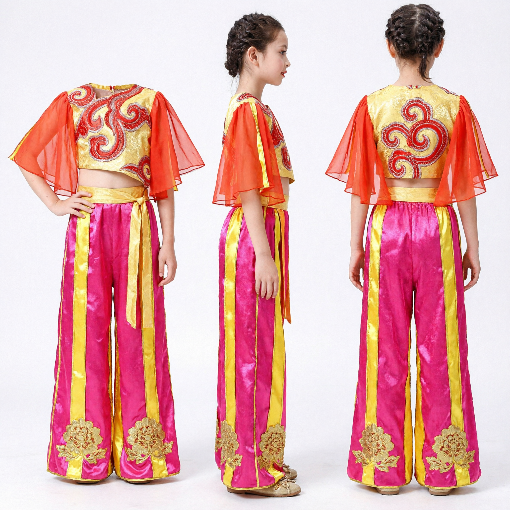 Kids Chinese Traditional Folk Dance Costume Red and Gold Yangge Performance Outfit for Girls Stage Show
