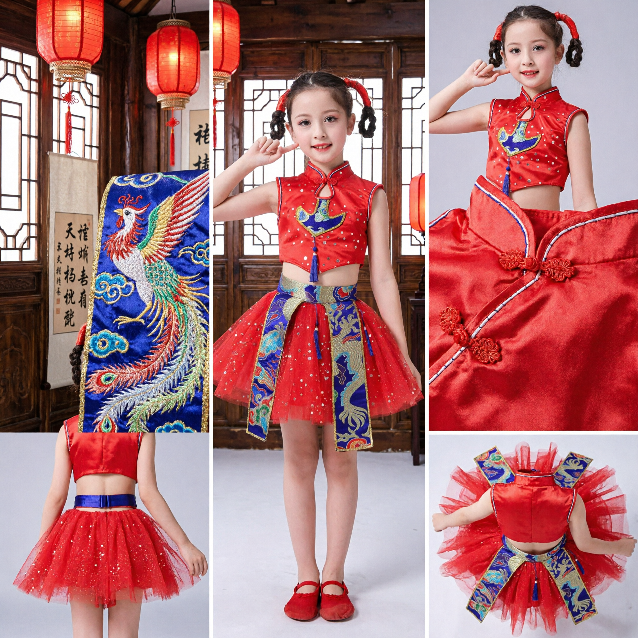 Girls Chinese Traditional Dance Costume Red Folk Performance Outfit Dragon Phoenix Embroidery Top Skirt Set