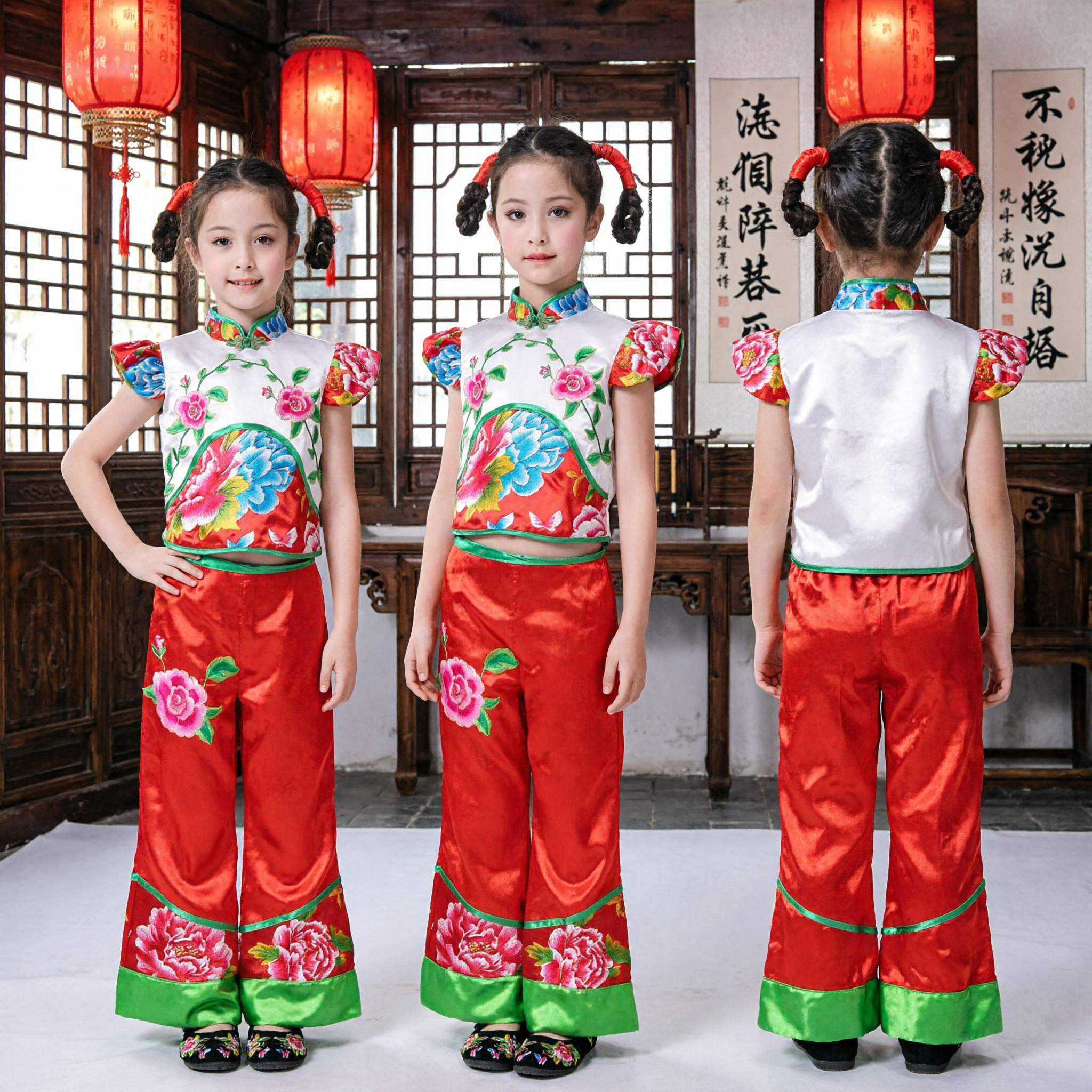 Chinese Folk Dance Costume for Kids Girls Traditional Yangge Stage Performance Floral Top Red Pants
