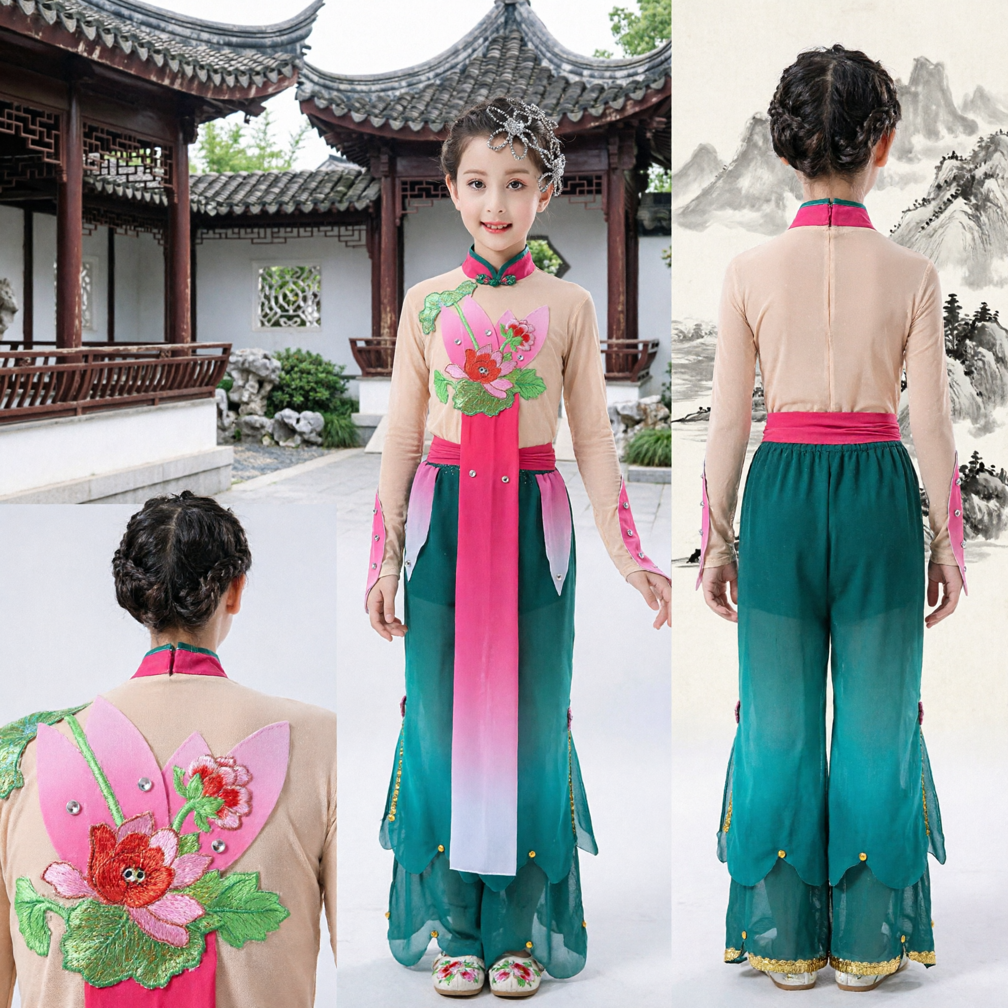 Chinese Folk Dance Costume for Girls Kids Lotus Flower Performance Outfit Traditional Stage Wear Dress