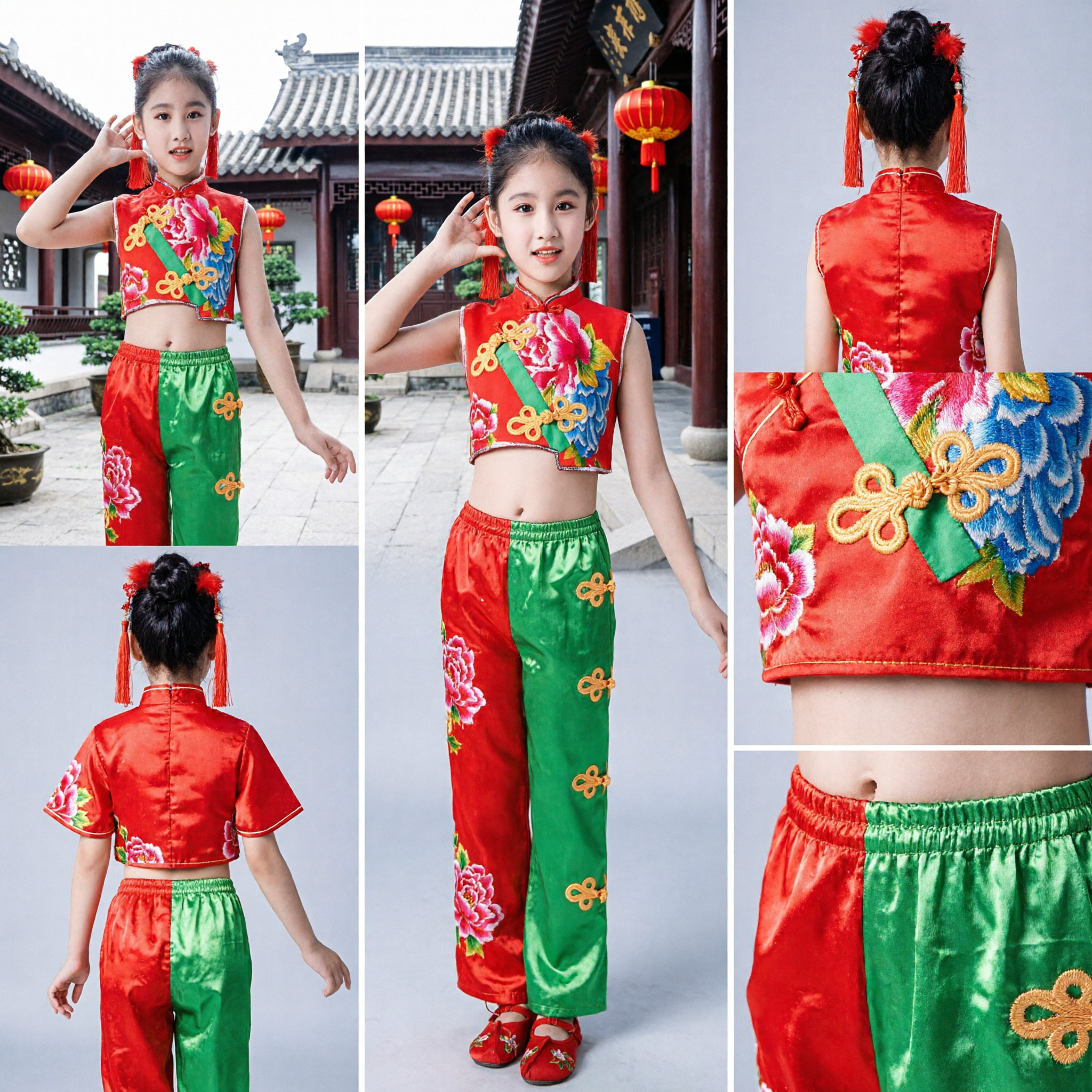 Kids Girls Traditional Chinese Folk Dance Costume Yangge Fan Dance Outfit Red Green Peony Set