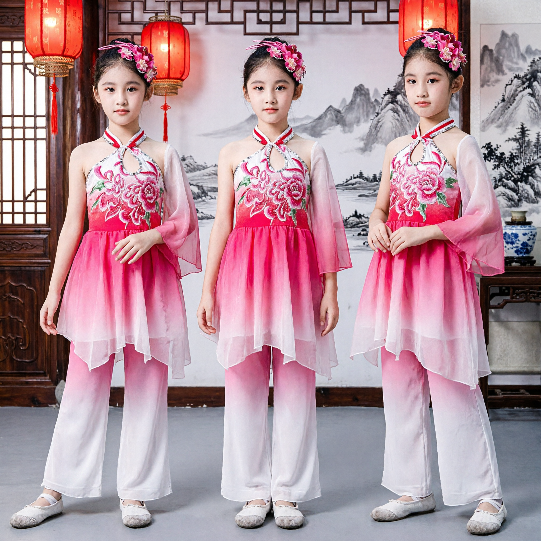 Girls Chinese Fan Dance Costume Pink Gradient Embroidery Traditional Folk Outfit for Kids Stage Performance