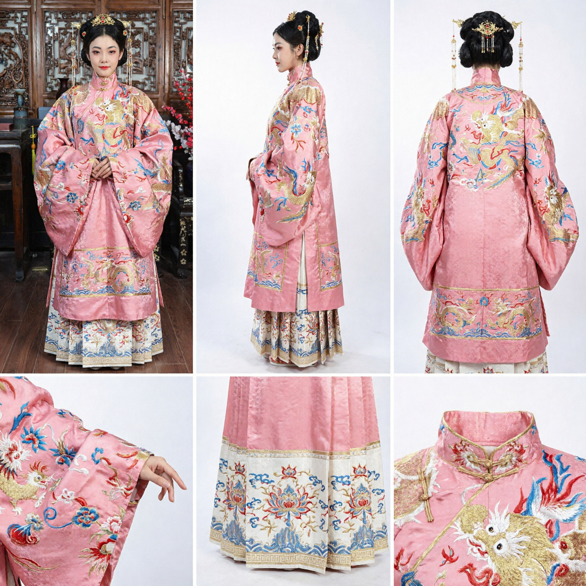 Traditional Chinese Ming Dynasty Pink Embroidered Dragon Robe Ancient Empress Hanfu Dress Costume for Women