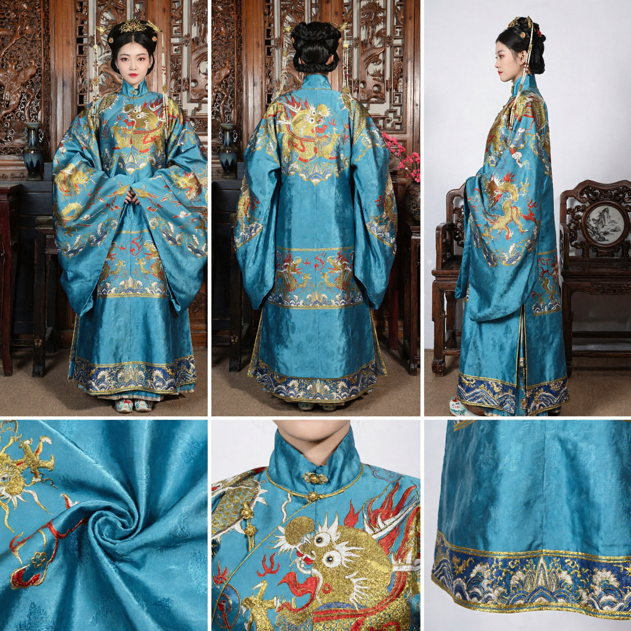 Ancient Chinese Qing Dynasty Empress Blue Dragon Robe Traditional Palace Lady Costume for Women Performance