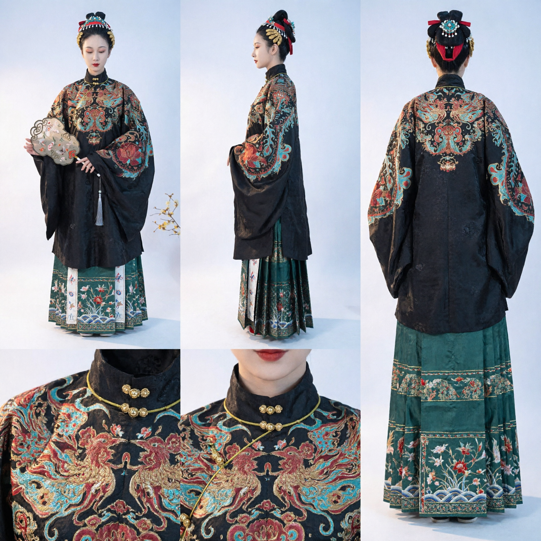 Traditional Chinese Ming Dynasty Hanfu Costume Women's Elegant Embroidered Black Robe and Green Skirt Set for Historical Events
