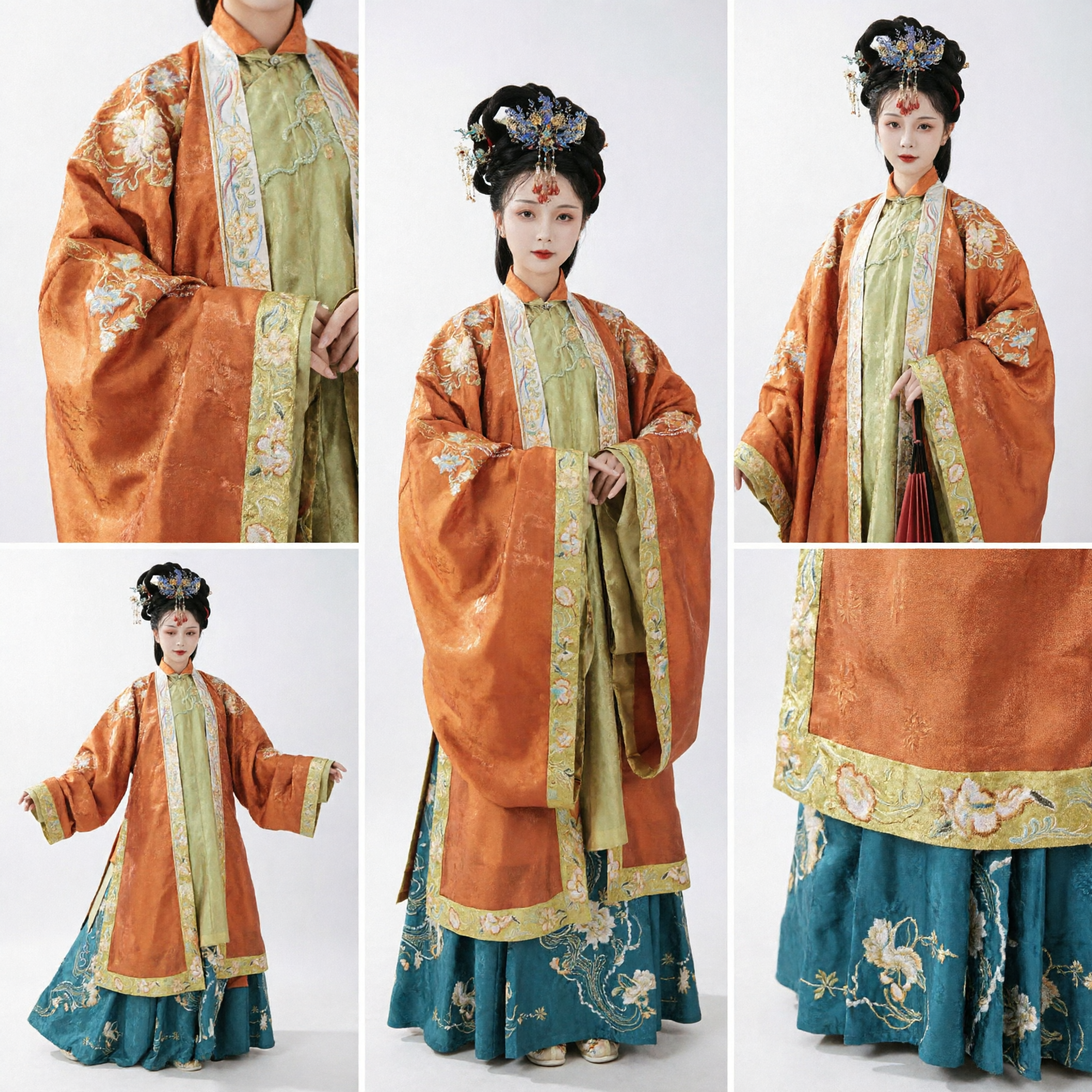 Traditional Chinese Ming Dynasty Hanfu Costume Women Orange Floral Embroidered Jacket Teal Skirt Ancient Palace Lady Outfit