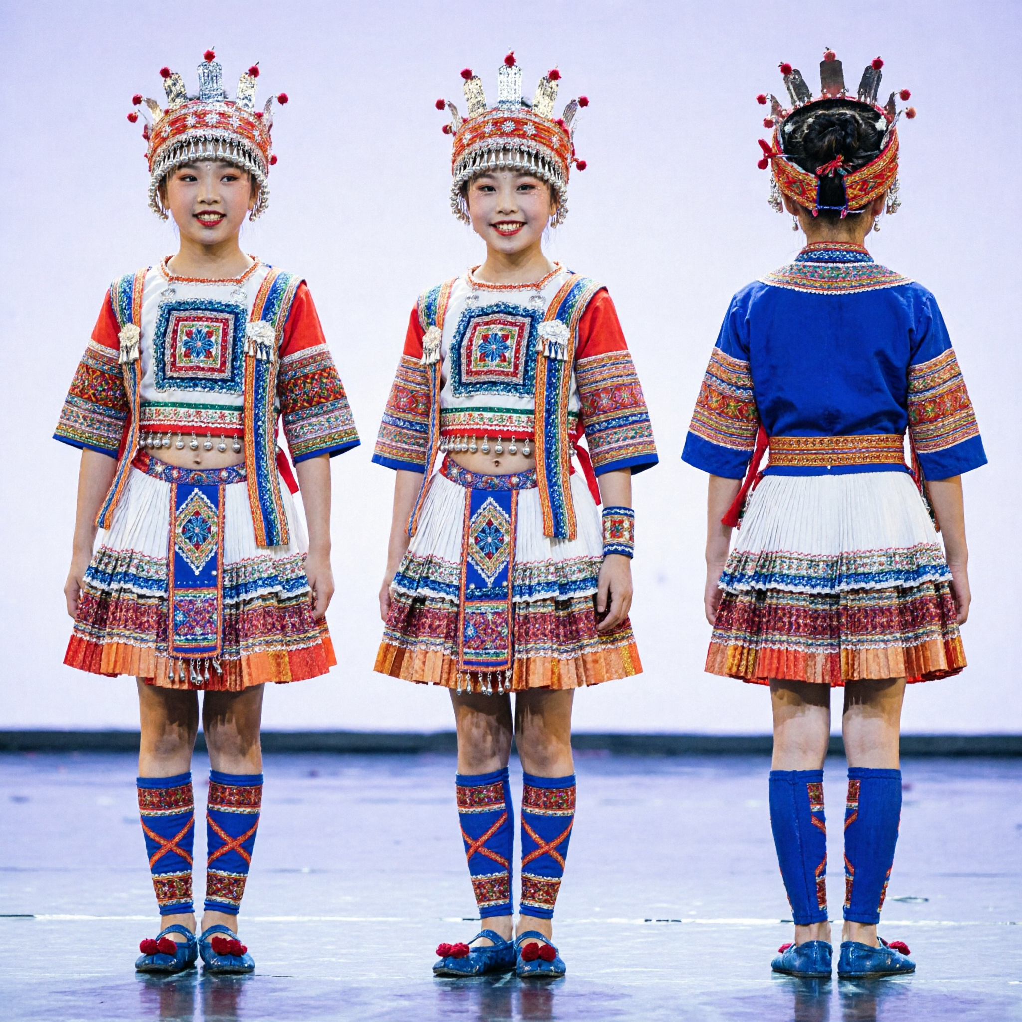 Traditional Chinese Miao Ethnic Minority Dance Costume Kids Girls Folk Stage Performance Dress Set