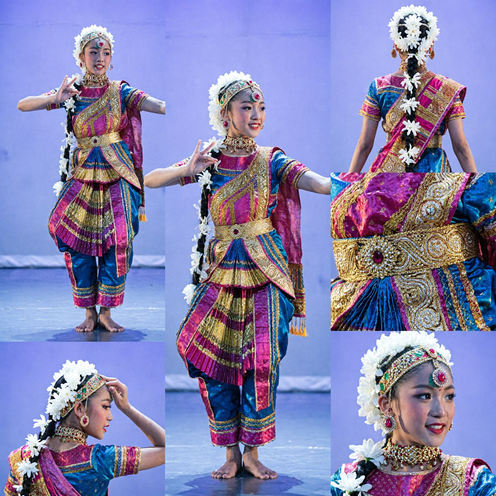 Traditional Chinese Folk Dance Costume Colorful Stage Performance Dress with Headpiece for Women