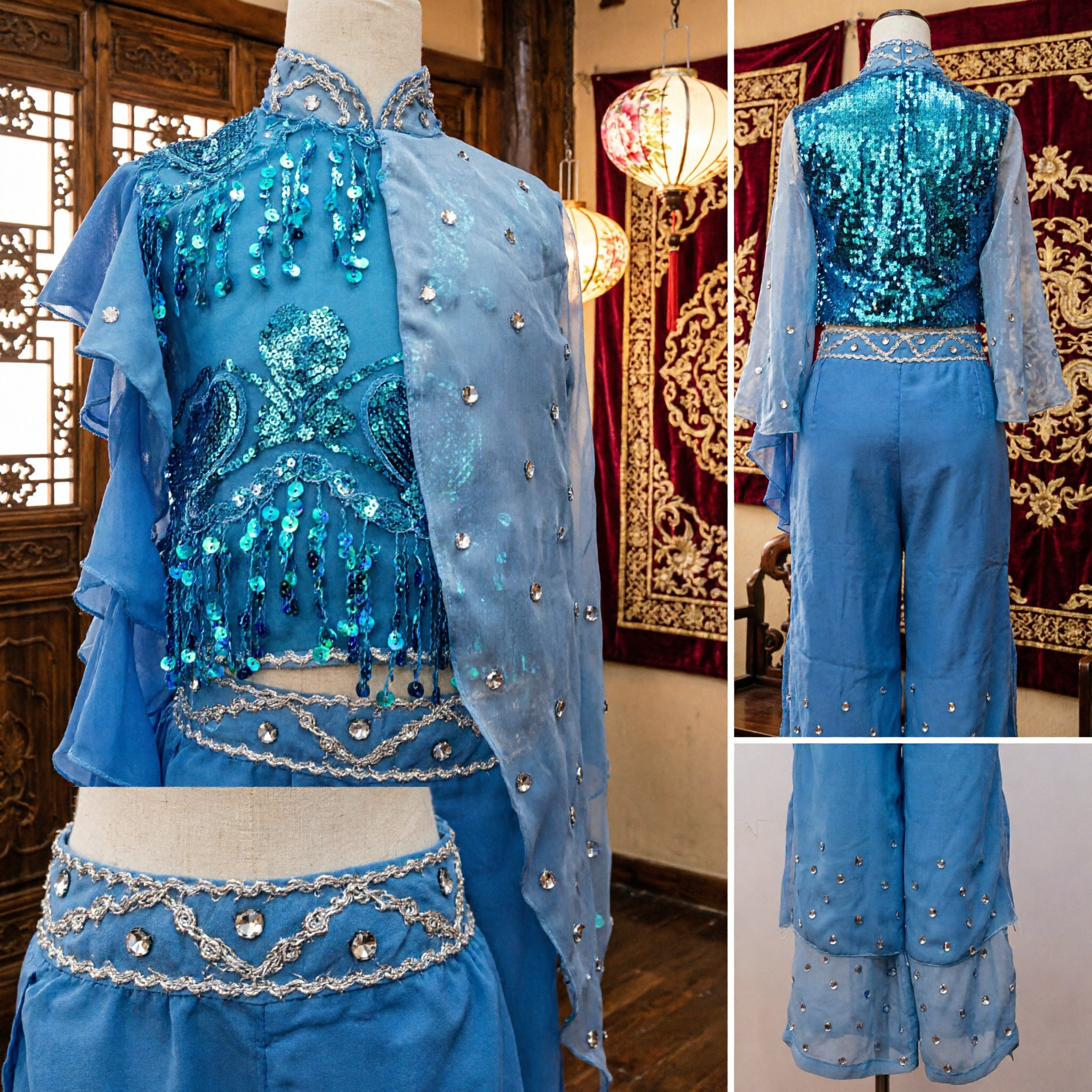 Blue Classical Chinese Dance Costume for Women Stage Performance Fan Dance Outfit with Sequins and Ruffles