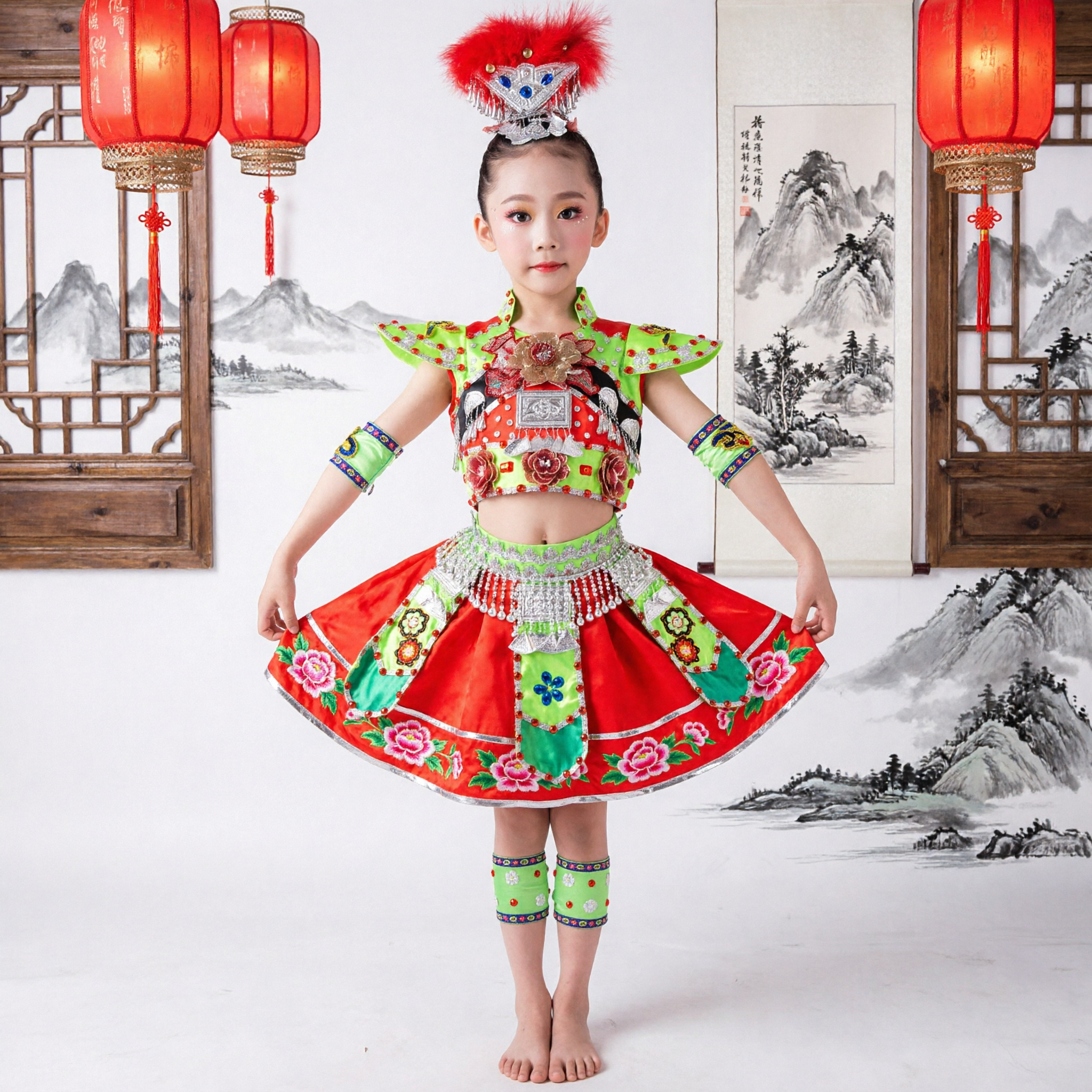 Traditional Chinese Ethnic Dance Costume for Kids Girls Red Green Stage Performance Outfit with Accessories