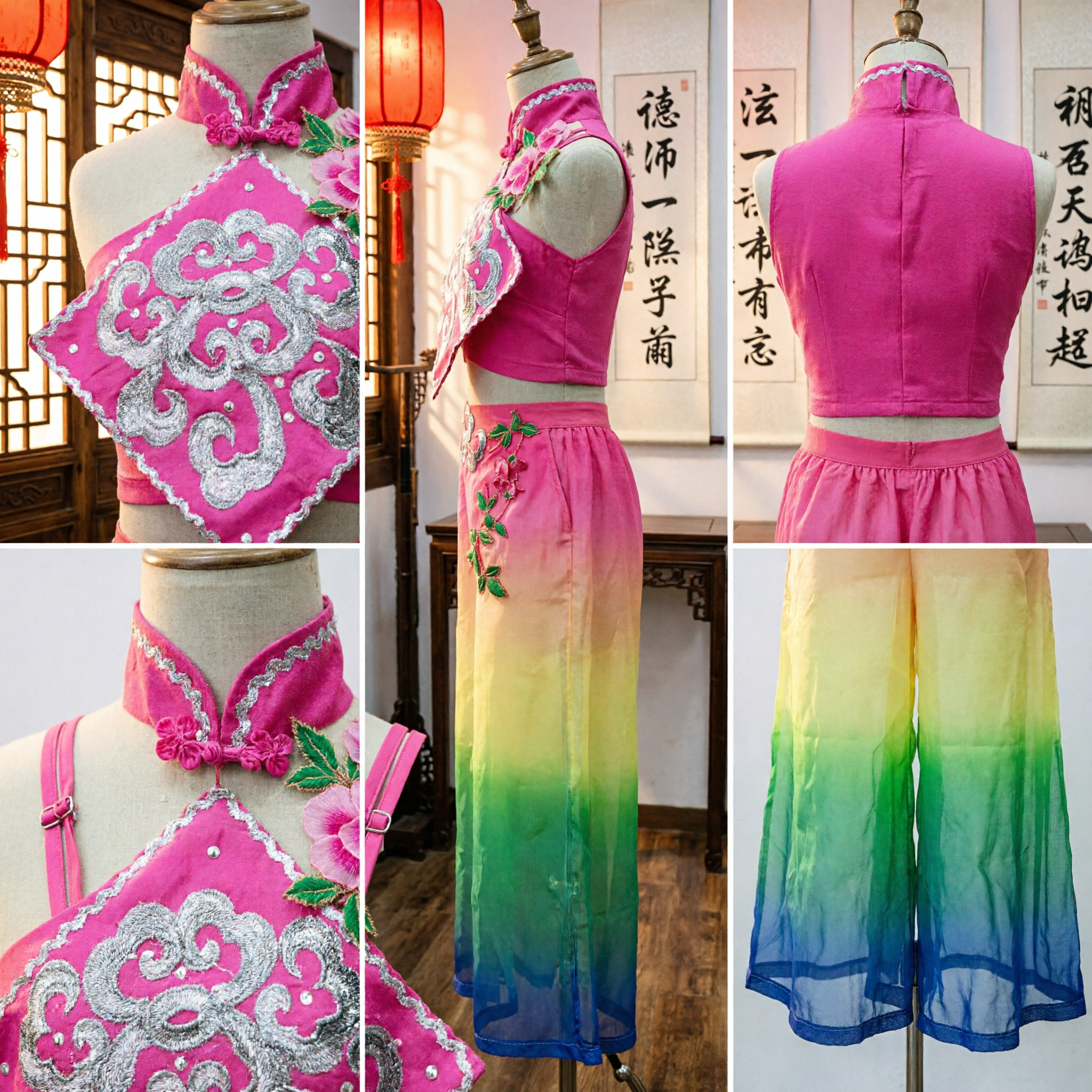 Women's Chinese Folk Dance Costume Pink Halter Top Ombre Gradient Pants Traditional Yangge Performance Outfit