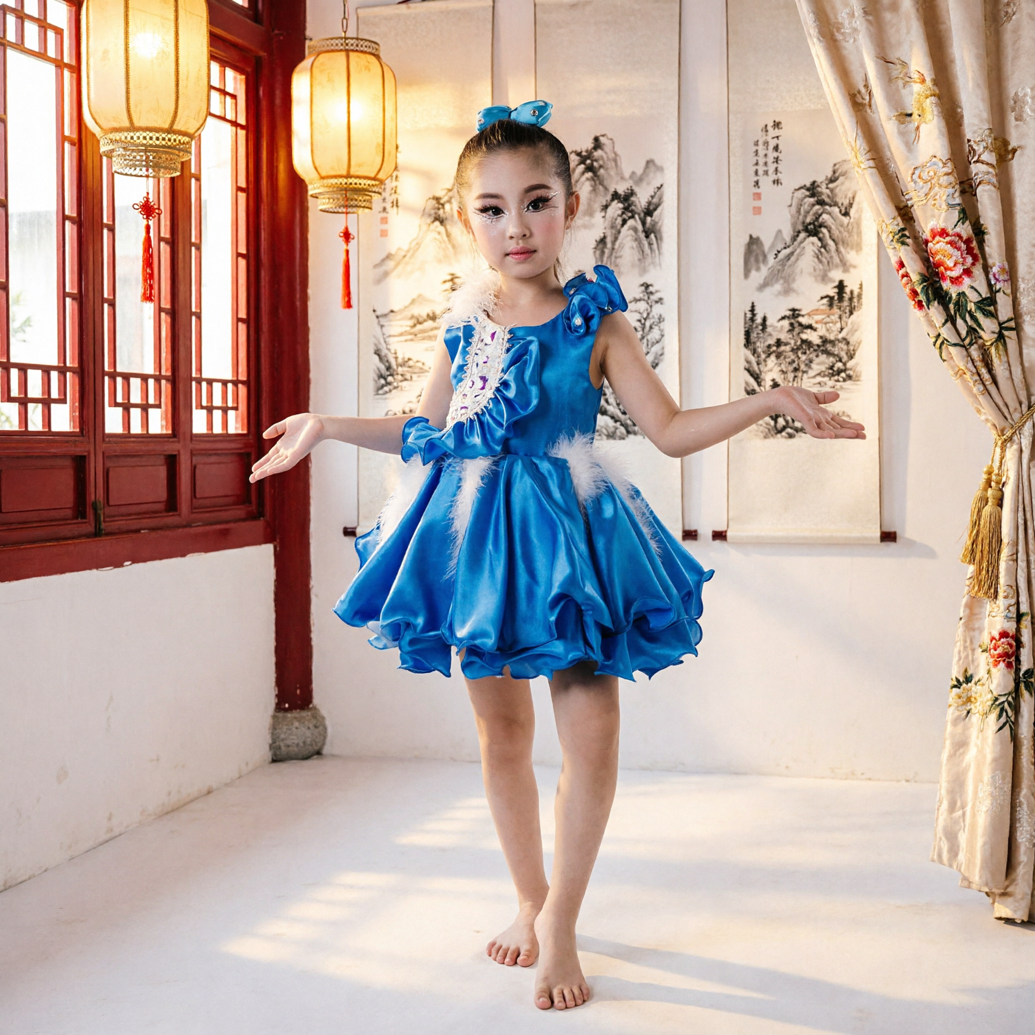 Girls Blue Satin Dance Costume with Feathers for Stage Performance Latin Jazz Recital Dress