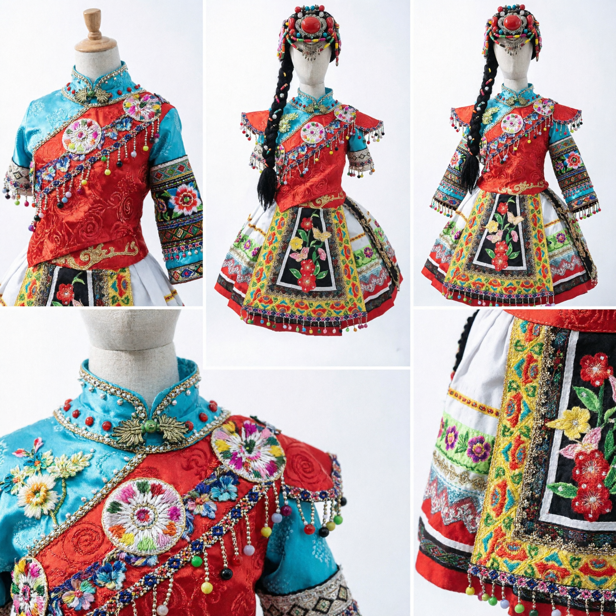 Traditional Chinese Miao Ethnic Minority Costume Complete Set with Elaborate Headdress for Folk Dance Performance