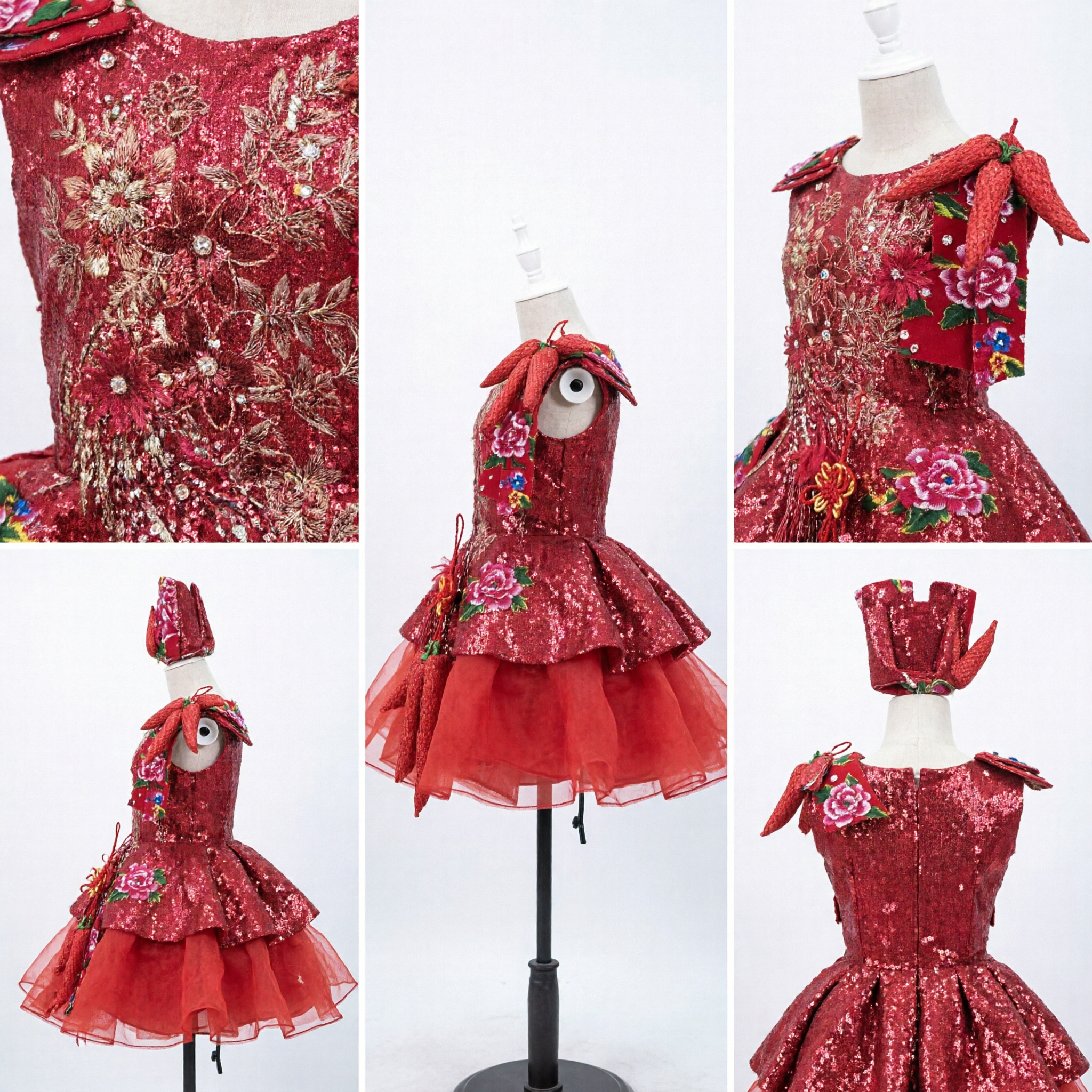 Children's Chinese Folk Dance Costume Red Peony Floral Yangge Dress Stage Performance Outfit with Headpiece for Girls