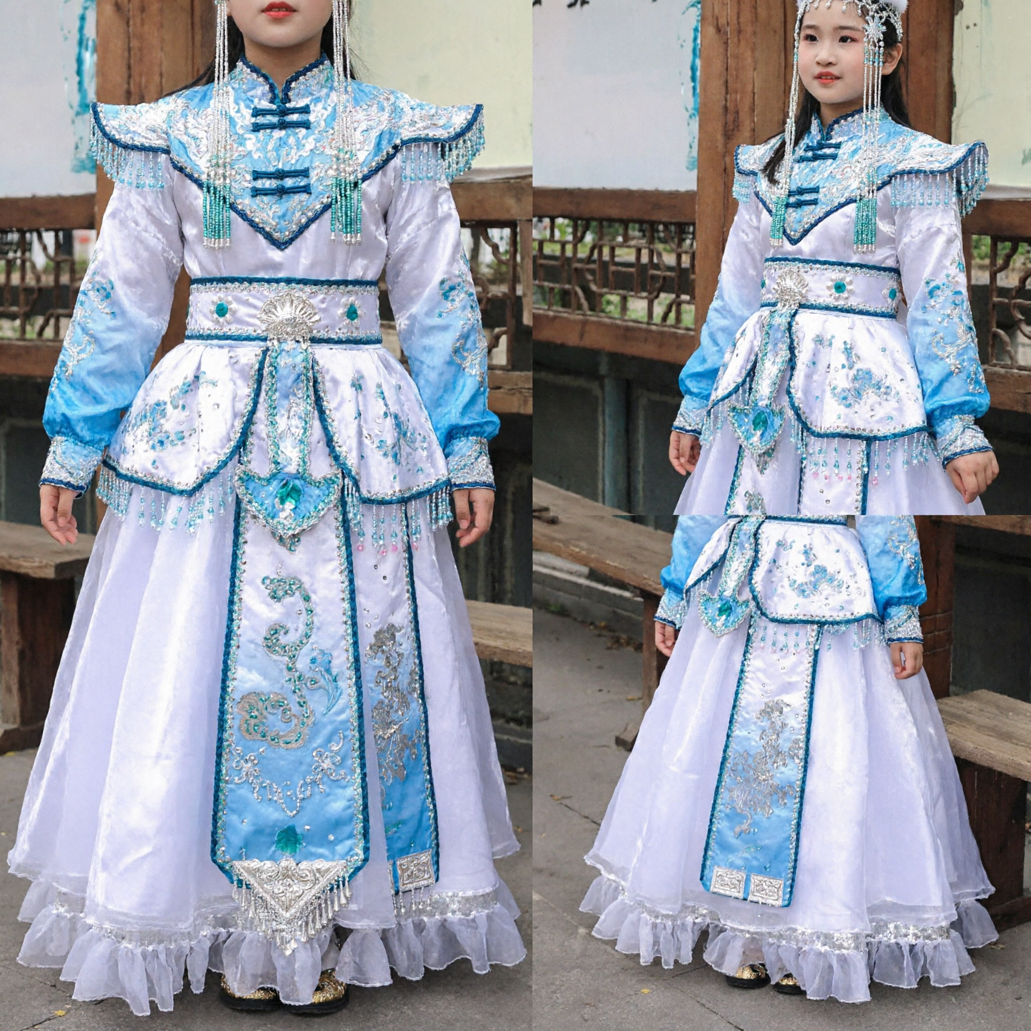 Kids Traditional Chinese Mongolian Ethnic Dance Costume White Blue Performance Dress for Girls Stage Wear