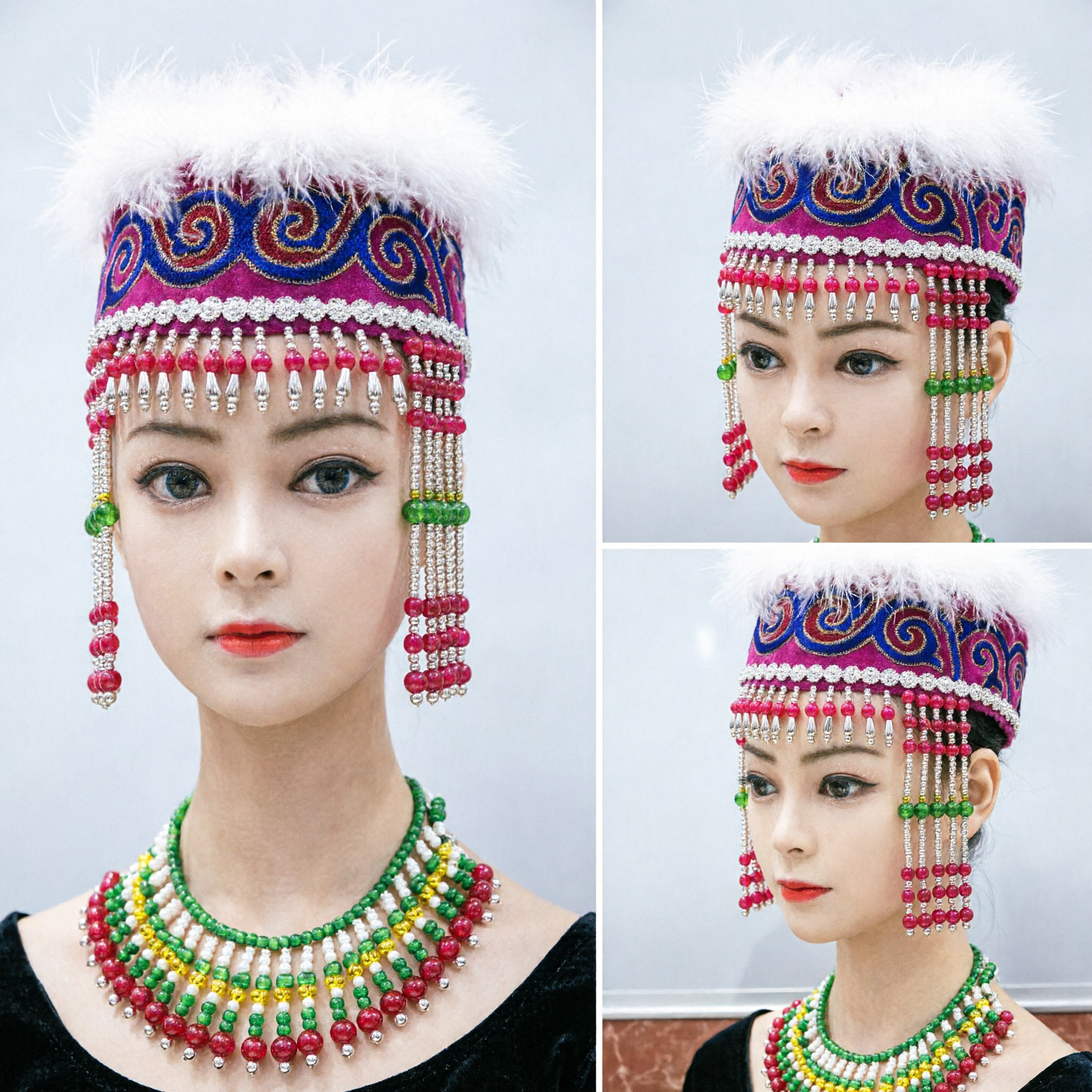 Traditional Chinese Miao Ethnic Minority Pink Embroidery Feather Hat Silver Beaded Headdress for Women Dance Performance