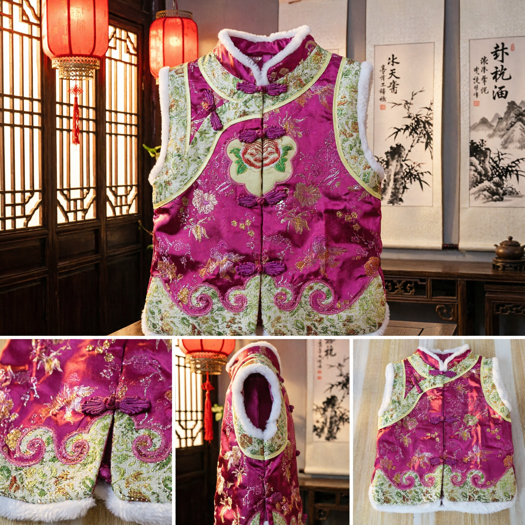 Traditional Chinese Pink Silk Tang Suit Vest with Fur Lining and Floral Embroidery for Kids New Year